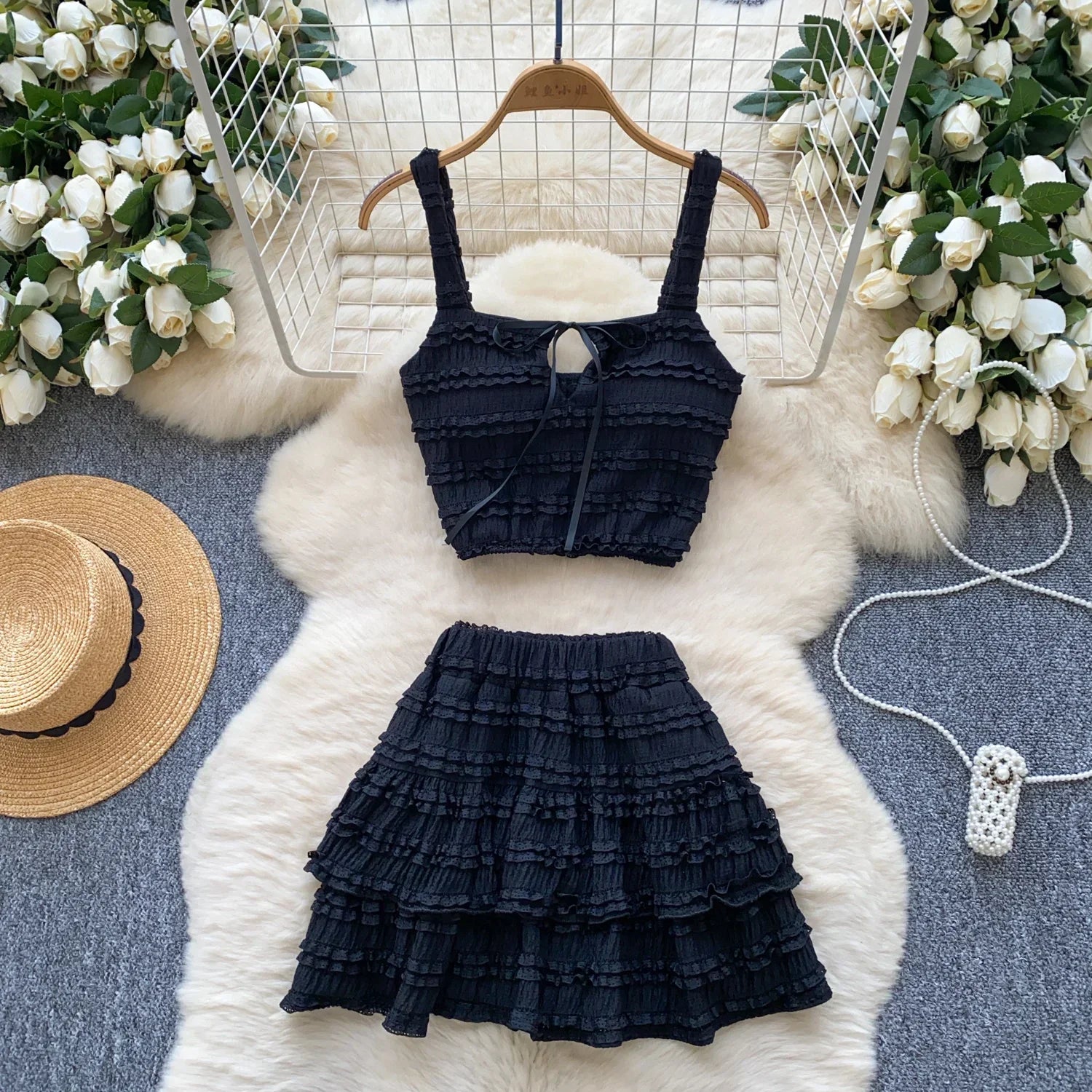Sweet Ruffles Summer Two-Piece Set Women Square Collar Bow Strap Crop Top with Solid Ruched High-Waist Skirt Chic Gentle Outfit