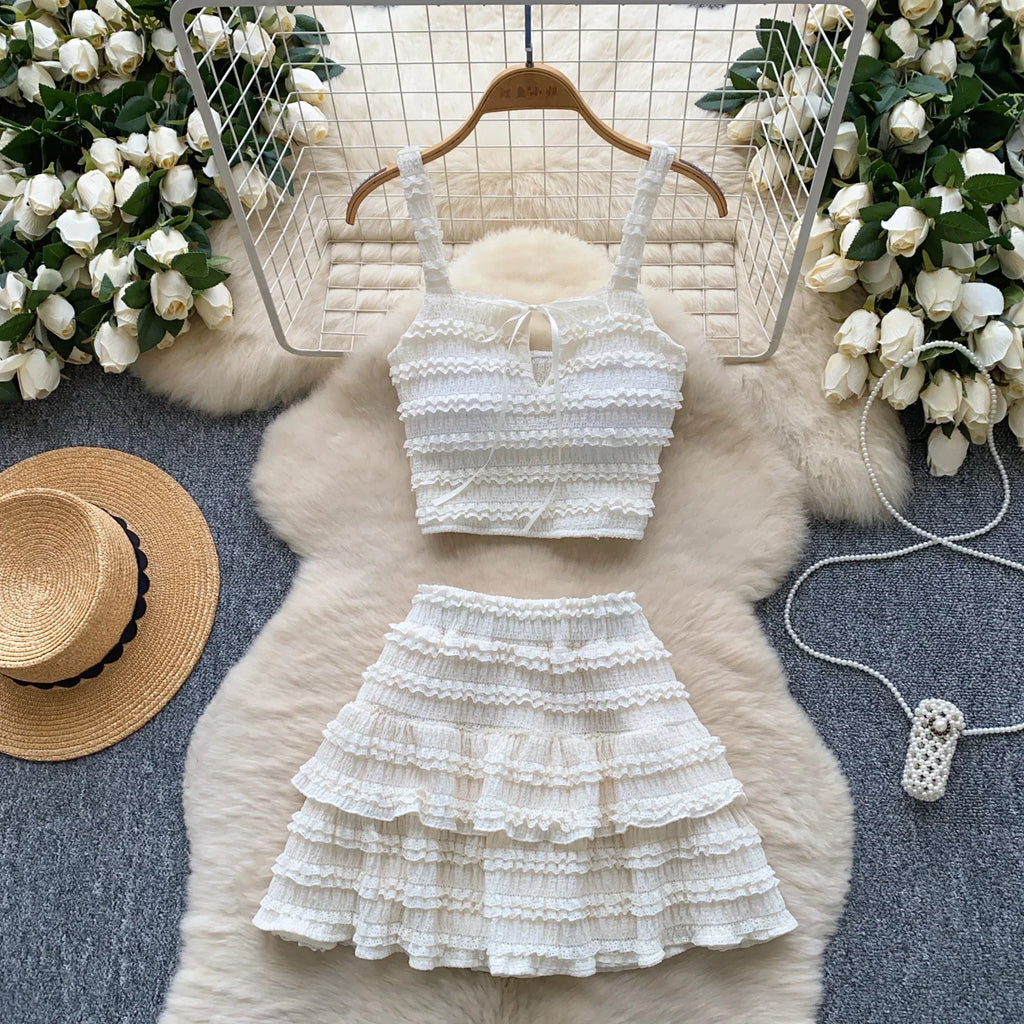 Sweet Ruffles Summer Two-Piece Set Women Square Collar Bow Strap Crop Top with Solid Ruched High-Waist Skirt Chic Gentle Outfit