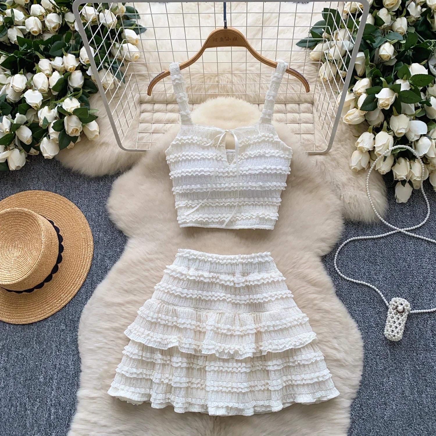 Sweet Ruffles Summer Two-Piece Set Women Square Collar Bow Strap Crop Top with Solid Ruched High-Waist Skirt Chic Gentle Outfit