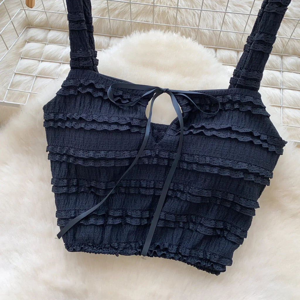 Sweet Ruffles Summer Two-Piece Set Women Square Collar Bow Strap Crop Top with Solid Ruched High-Waist Skirt Chic Gentle Outfit