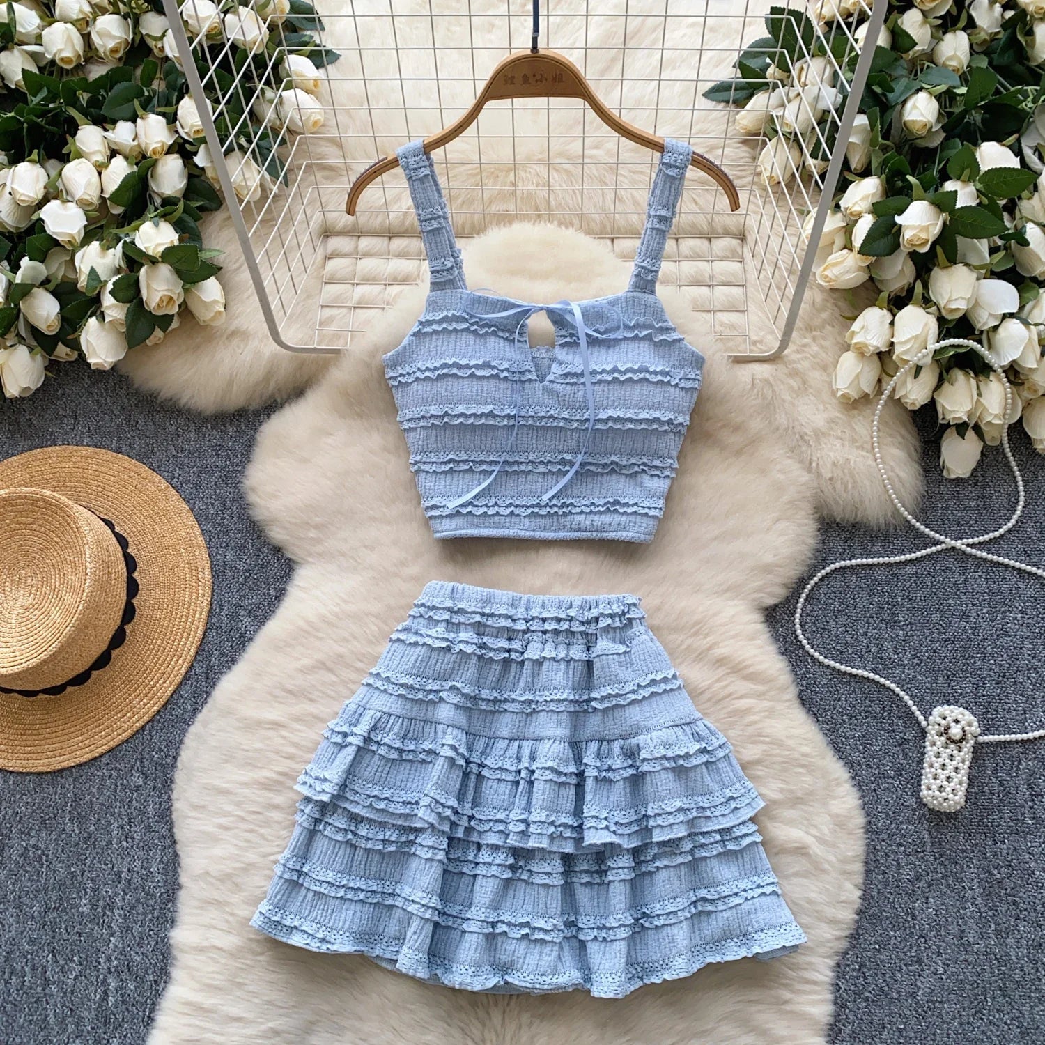 Sweet Ruffles Summer Two-Piece Set Women Square Collar Bow Strap Crop Top with Solid Ruched High-Waist Skirt Chic Gentle Outfit