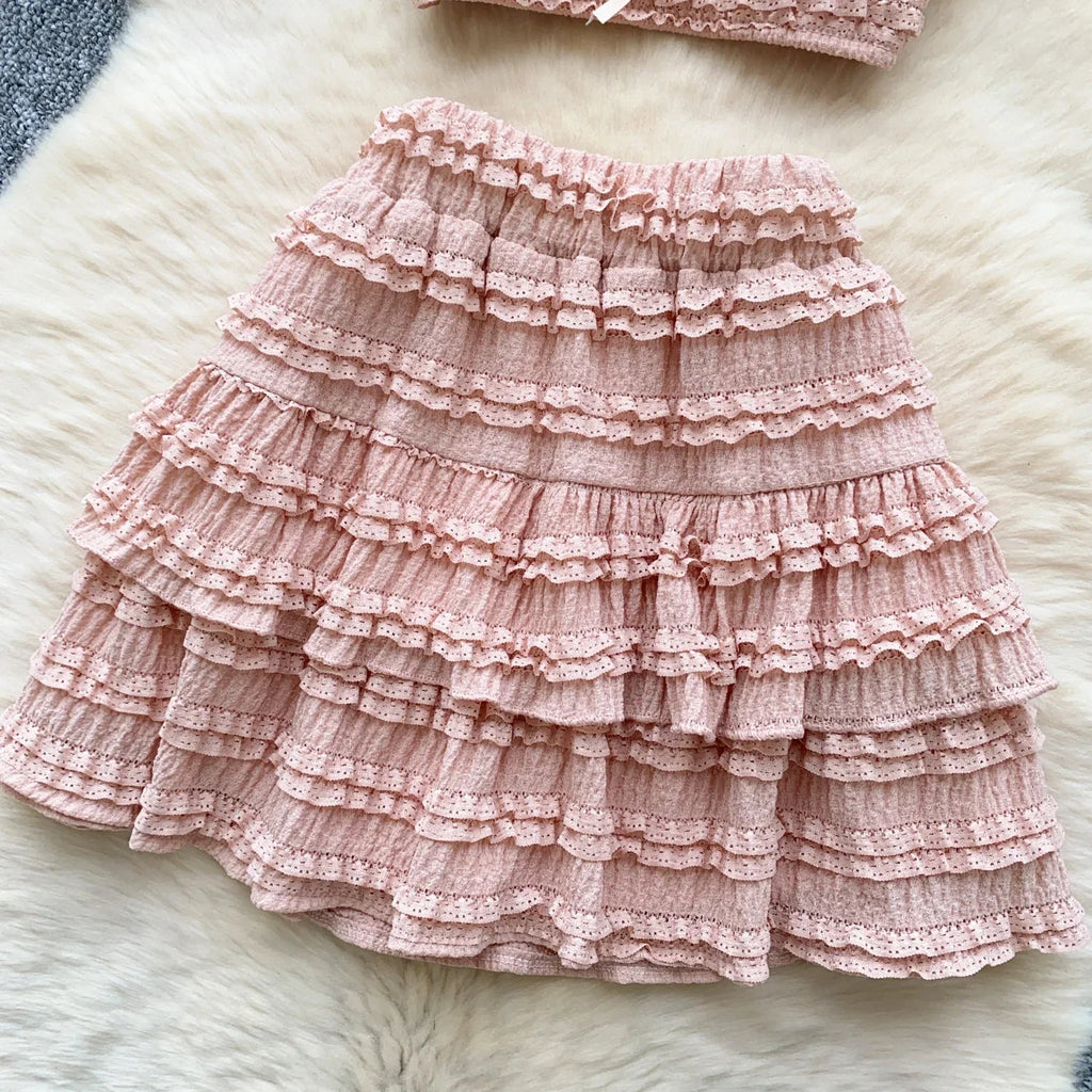 Sweet Ruffles Summer Two-Piece Set Women Square Collar Bow Strap Crop Top with Solid Ruched High-Waist Skirt Chic Gentle Outfit