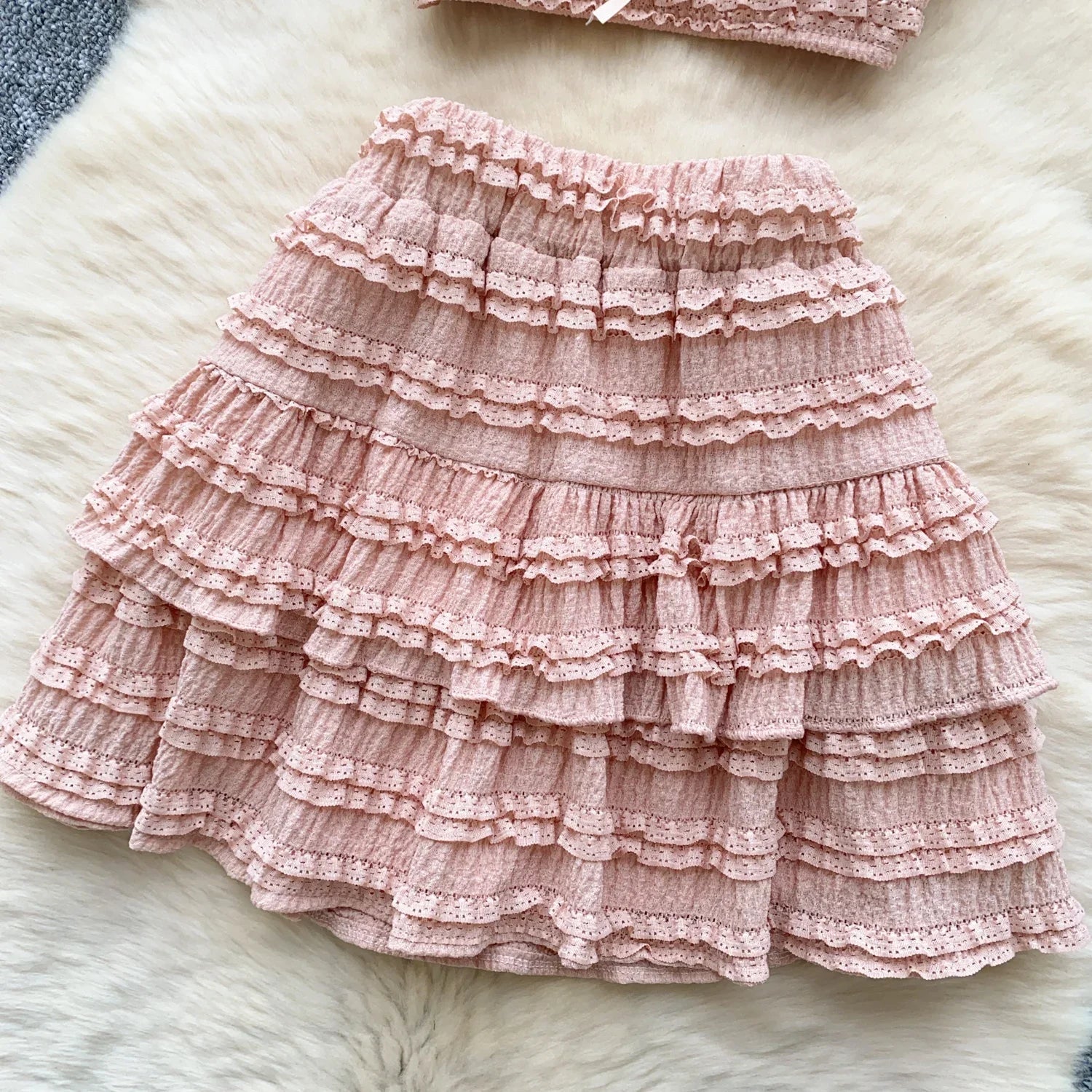 Sweet Ruffles Summer Two-Piece Set Women Square Collar Bow Strap Crop Top with Solid Ruched High-Waist Skirt Chic Gentle Outfit