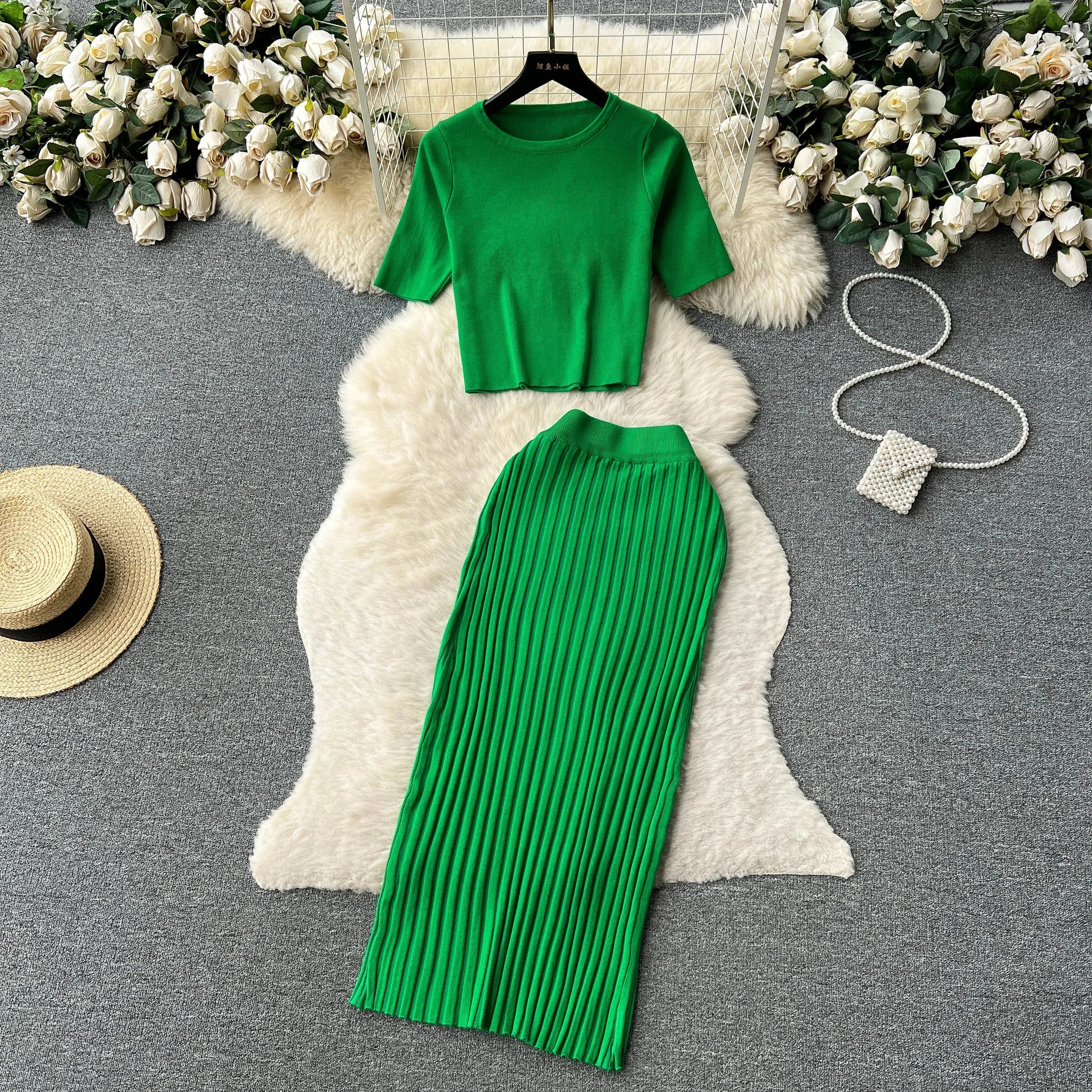 Casual Two Piece Women's Summer Set O Neck Knit Top with Elastic Waist Long Bodycon Skirt Fashion Office Lady Outfit Korean Style