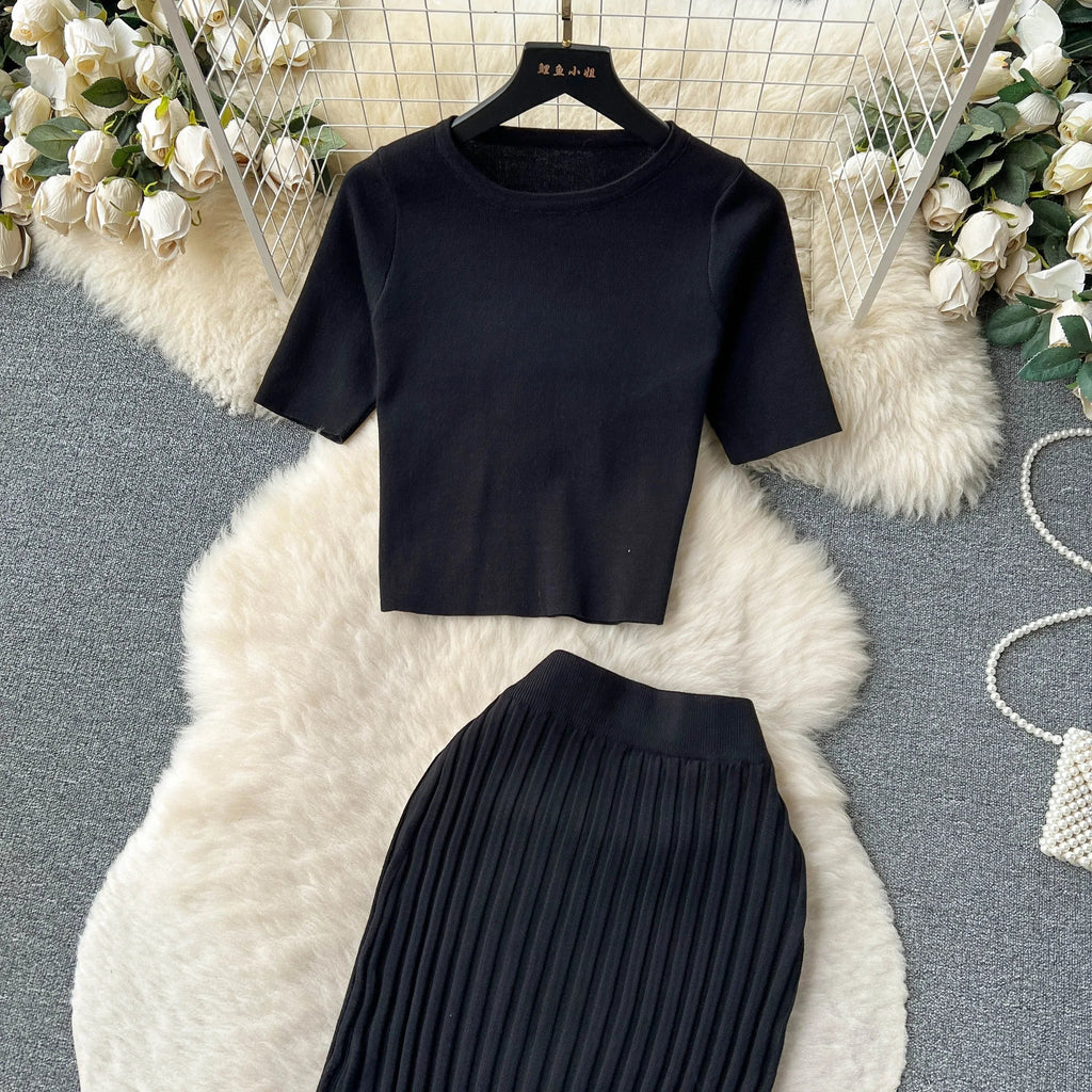Casual Two Piece Women's Summer Set O Neck Knit Top with Elastic Waist Long Bodycon Skirt Fashion Office Lady Outfit Korean Style