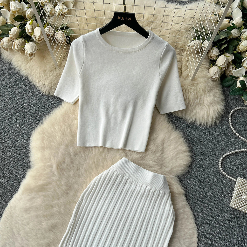 Casual Two Piece Women's Summer Set O Neck Knit Top with Elastic Waist Long Bodycon Skirt Fashion Office Lady Outfit Korean Style