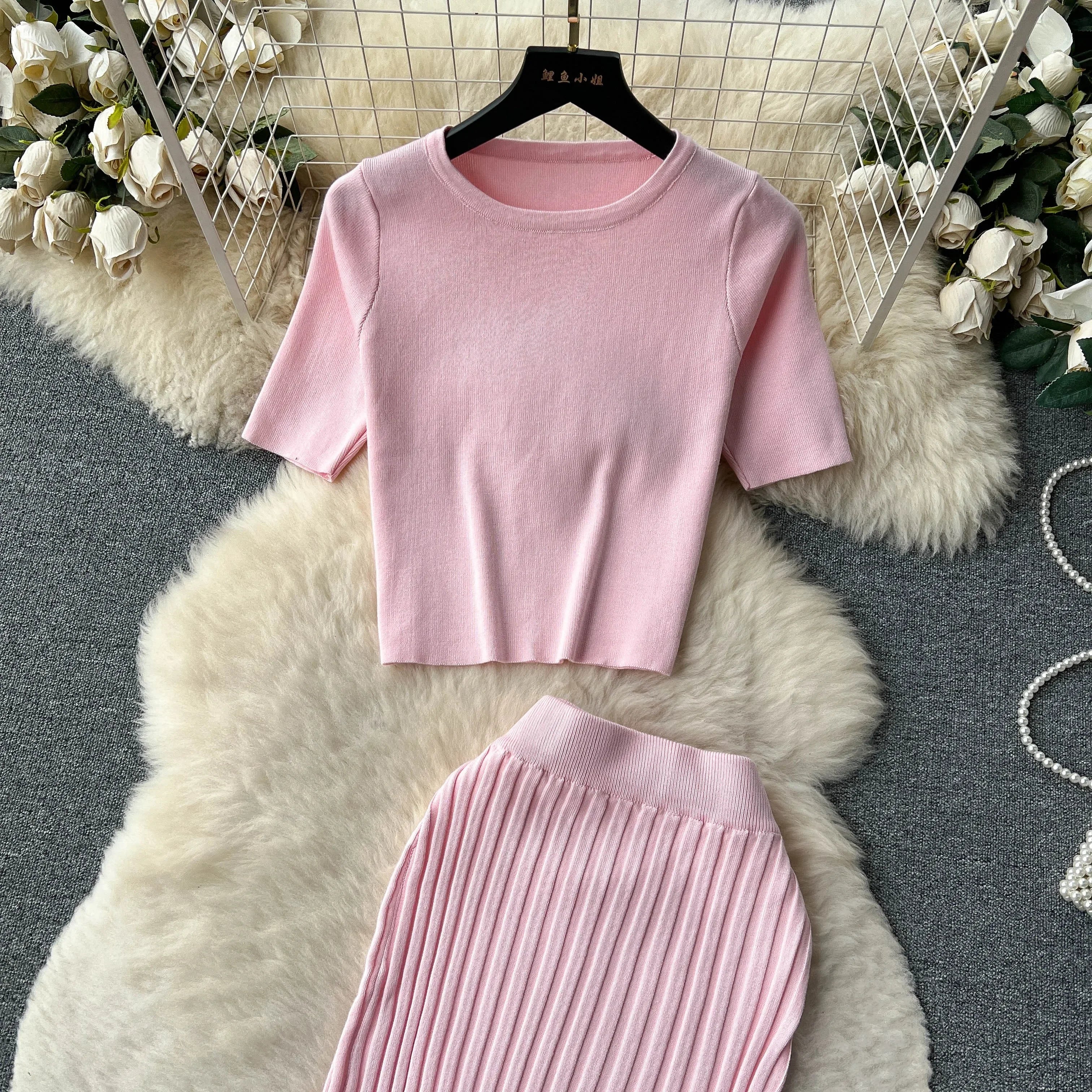 Casual Two Piece Women's Summer Set O Neck Knit Top with Elastic Waist Long Bodycon Skirt Fashion Office Lady Outfit Korean Style