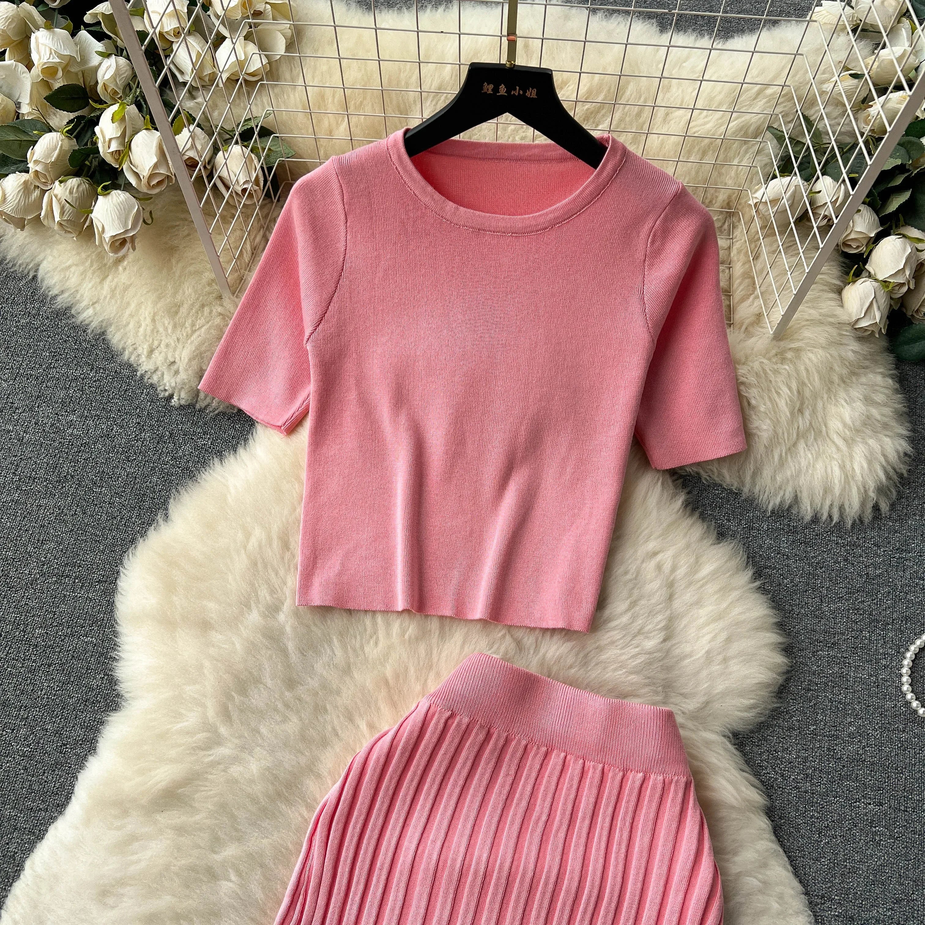 Casual Two Piece Women's Summer Set O Neck Knit Top with Elastic Waist Long Bodycon Skirt Fashion Office Lady Outfit Korean Style