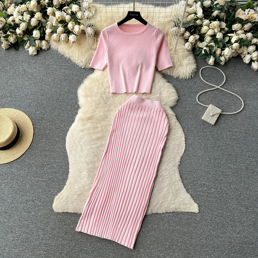 Casual Two Piece Women's Summer Set O Neck Knit Top with Elastic Waist Long Bodycon Skirt Fashion Office Lady Outfit Korean Style