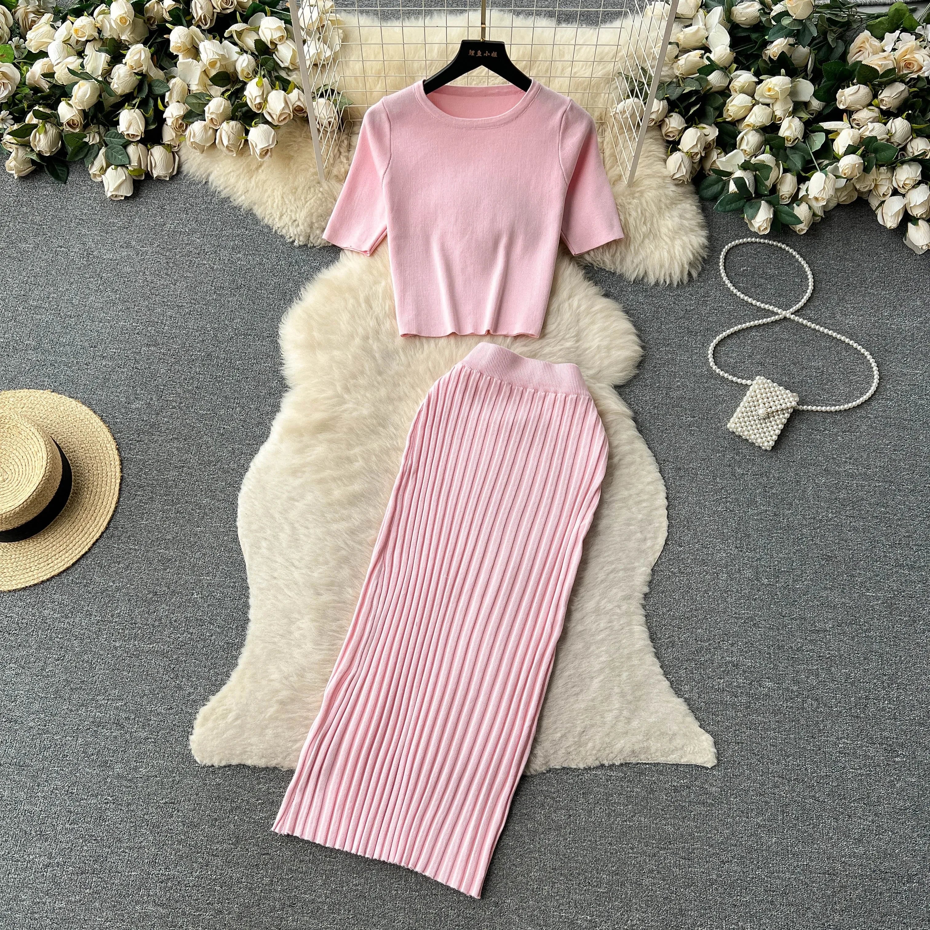 Casual Two Piece Women's Summer Set O Neck Knit Top with Elastic Waist Long Bodycon Skirt Fashion Office Lady Outfit Korean Style