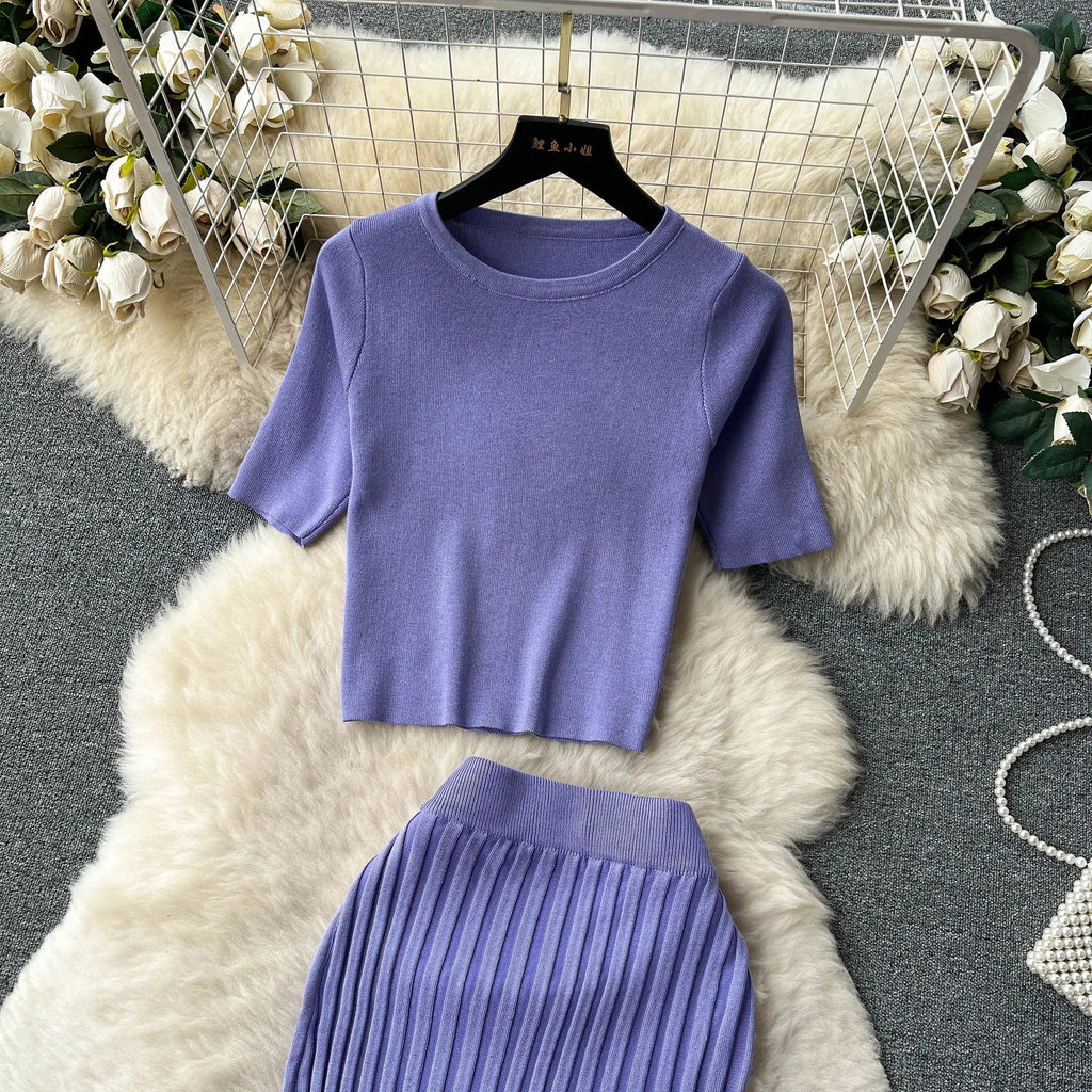 Casual Two Piece Women's Summer Set O Neck Knit Top with Elastic Waist Long Bodycon Skirt Fashion Office Lady Outfit Korean Style