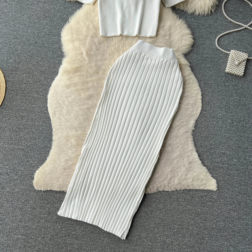 Casual Two Piece Women's Summer Set O Neck Knit Top with Elastic Waist Long Bodycon Skirt Fashion Office Lady Outfit Korean Style