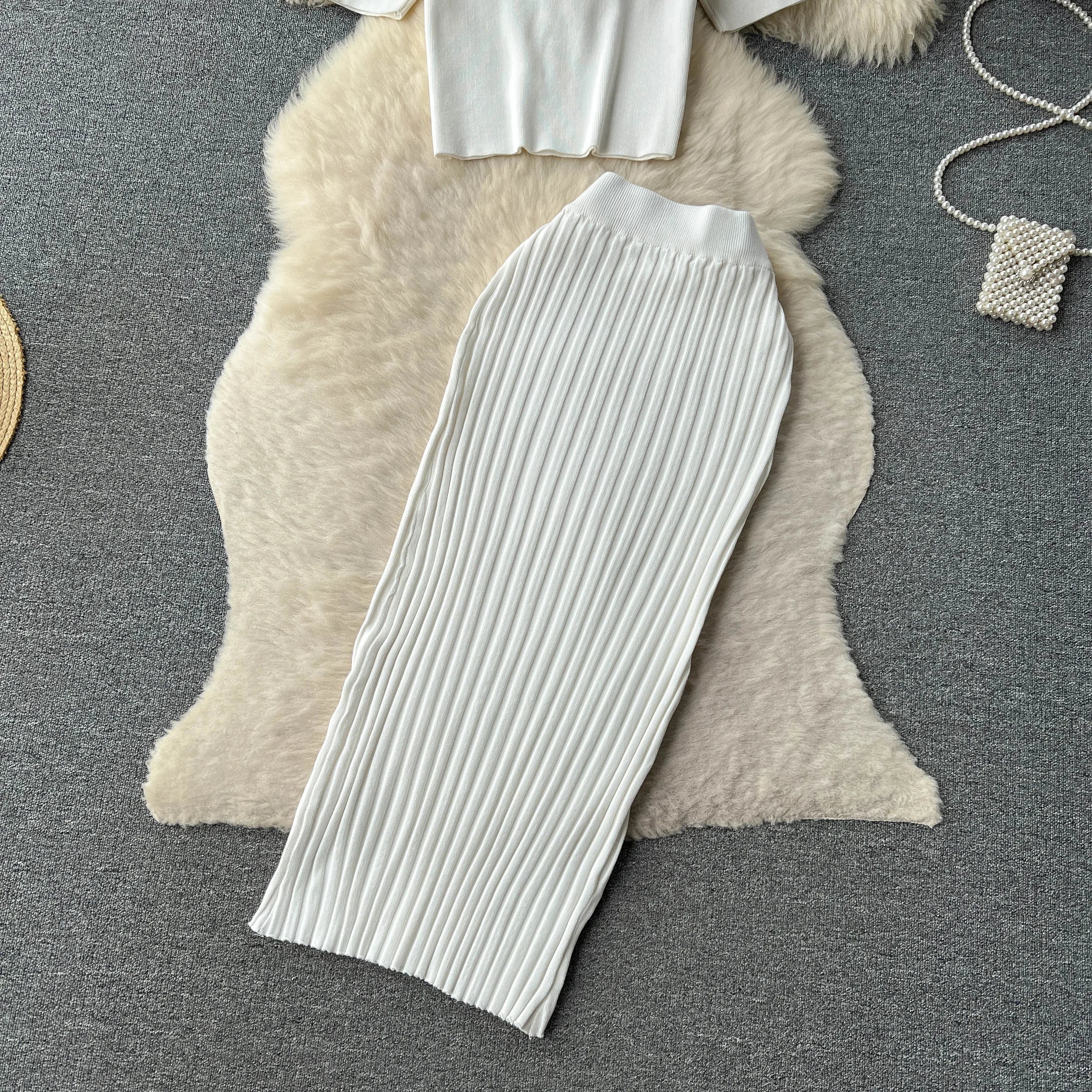 Casual Two Piece Women's Summer Set O Neck Knit Top with Elastic Waist Long Bodycon Skirt Fashion Office Lady Outfit Korean Style