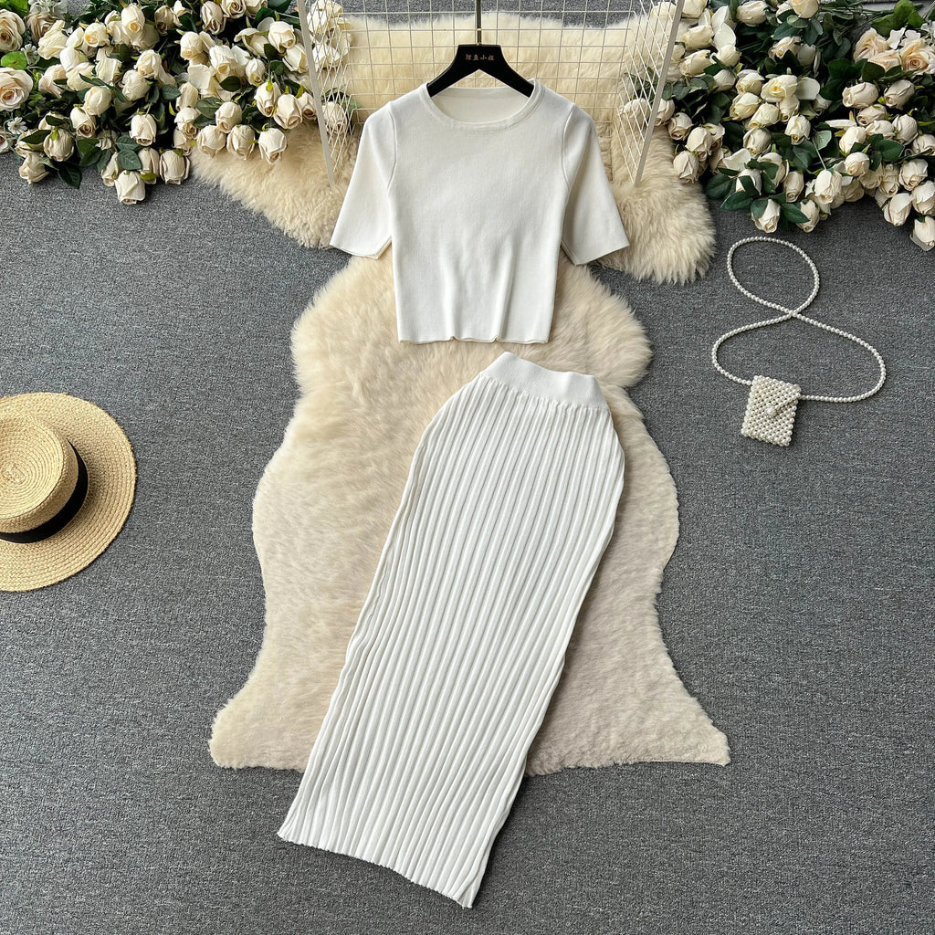 Casual Two Piece Women's Summer Set O Neck Knit Top with Elastic Waist Long Bodycon Skirt Fashion Office Lady Outfit Korean Style