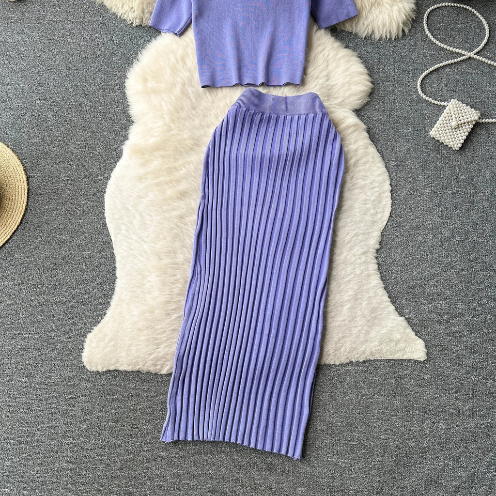 Casual Two Piece Women's Summer Set O Neck Knit Top with Elastic Waist Long Bodycon Skirt Fashion Office Lady Outfit Korean Style