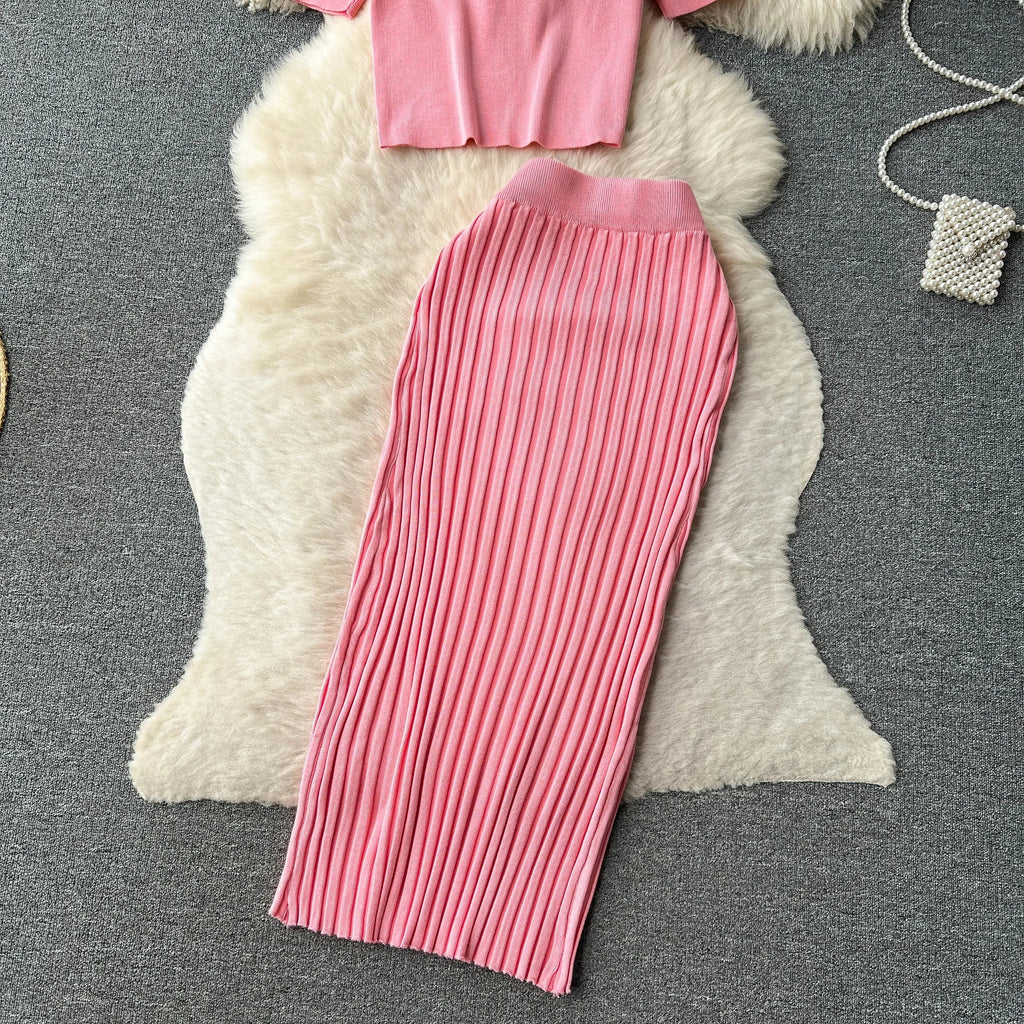 Casual Two Piece Women's Summer Set O Neck Knit Top with Elastic Waist Long Bodycon Skirt Fashion Office Lady Outfit Korean Style