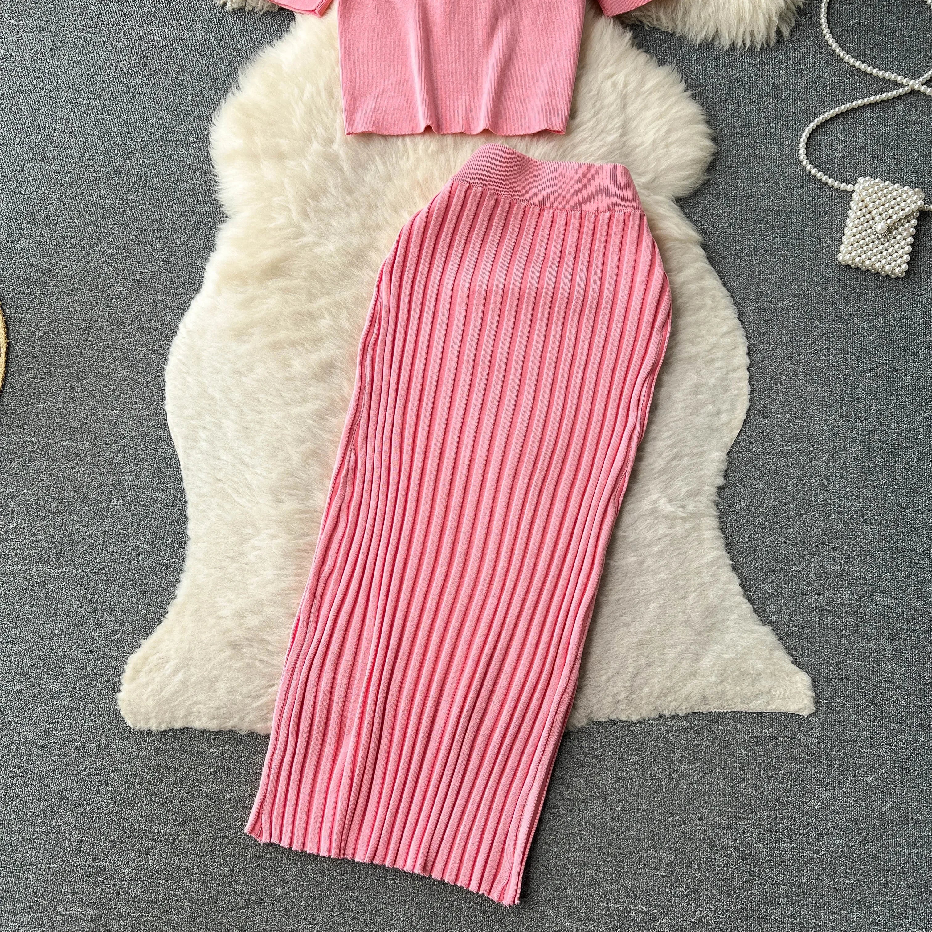 Casual Two Piece Women's Summer Set O Neck Knit Top with Elastic Waist Long Bodycon Skirt Fashion Office Lady Outfit Korean Style