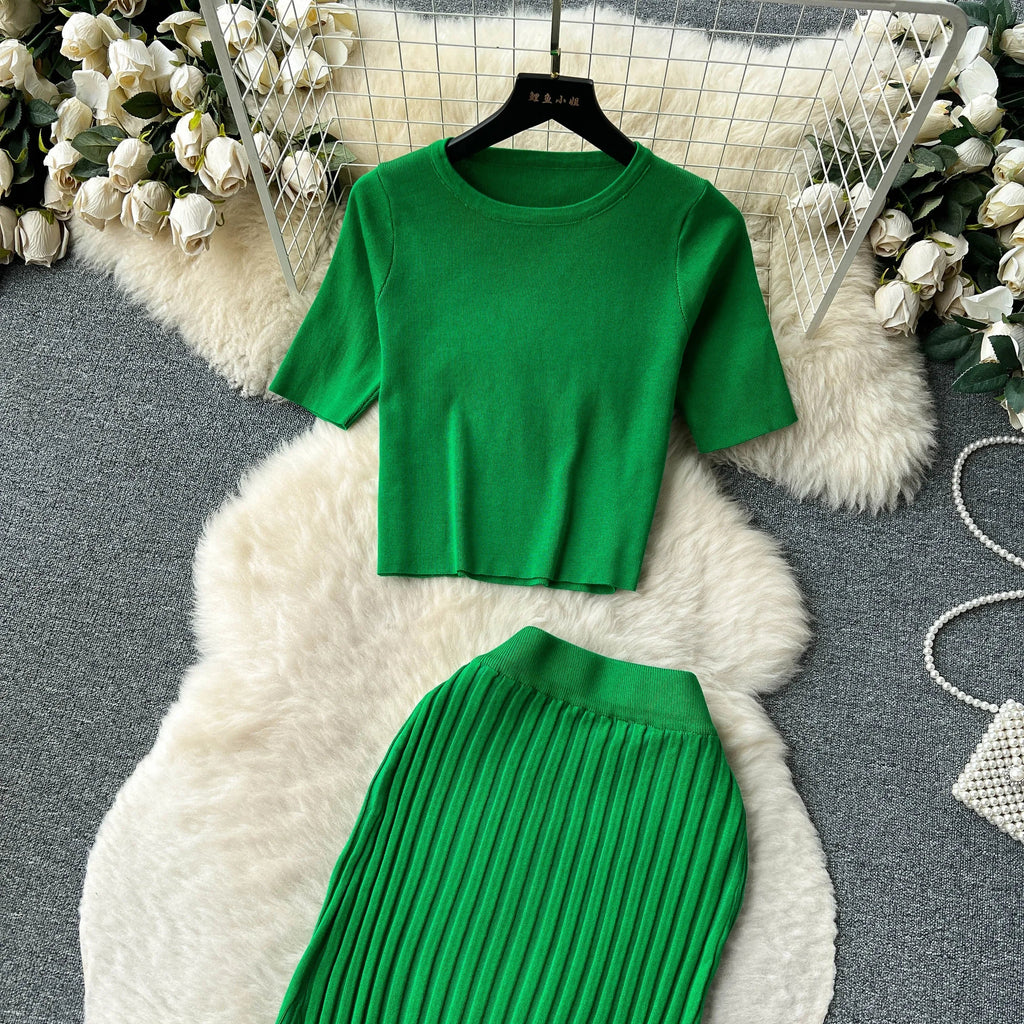 Casual Two Piece Women's Summer Set O Neck Knit Top with Elastic Waist Long Bodycon Skirt Fashion Office Lady Outfit Korean Style