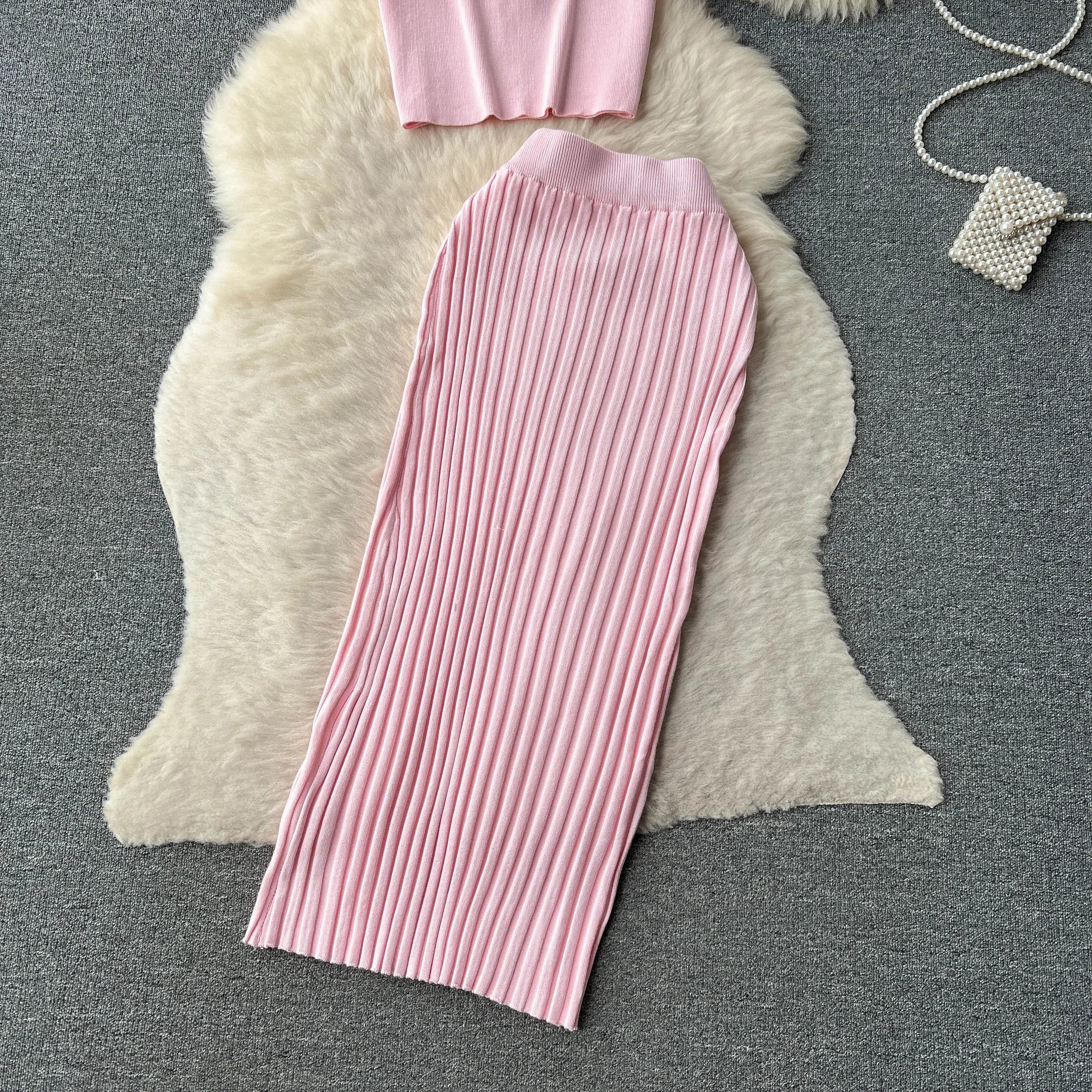 Casual Two Piece Women's Summer Set O Neck Knit Top with Elastic Waist Long Bodycon Skirt Fashion Office Lady Outfit Korean Style