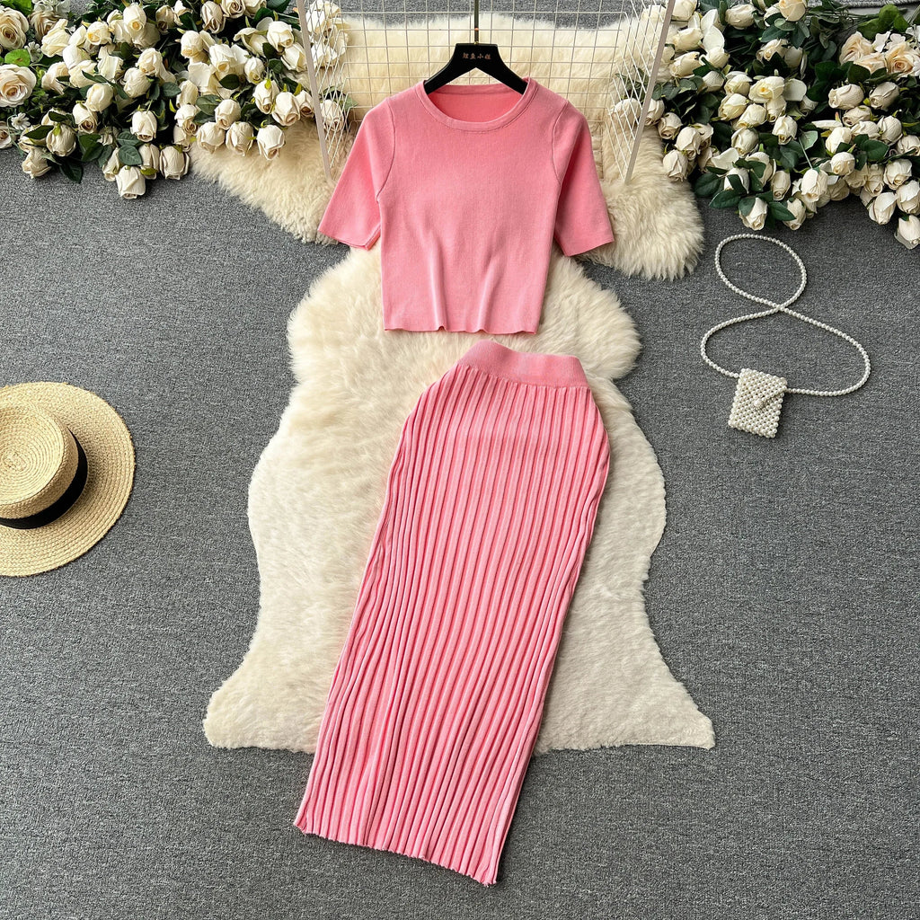 Casual Two Piece Women's Summer Set O Neck Knit Top with Elastic Waist Long Bodycon Skirt Fashion Office Lady Outfit Korean Style
