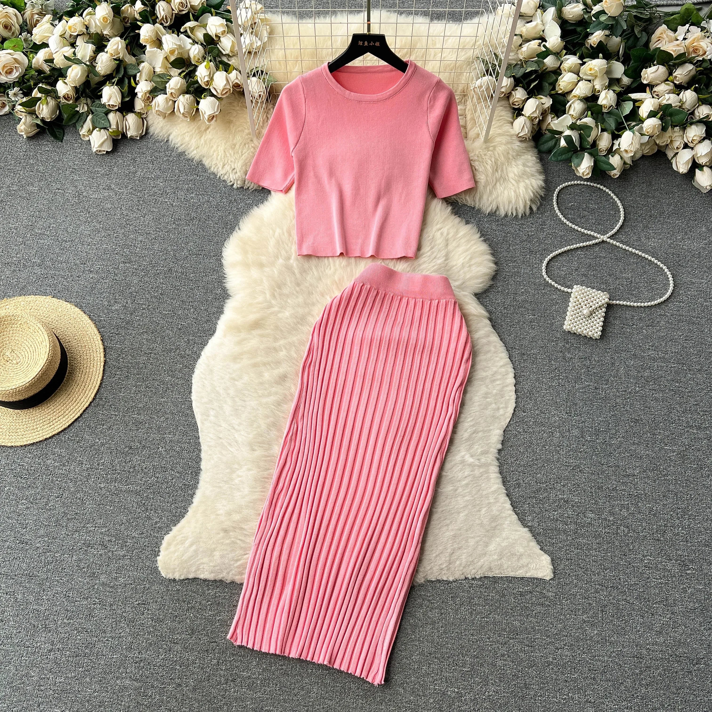 Casual Two Piece Women's Summer Set O Neck Knit Top with Elastic Waist Long Bodycon Skirt Fashion Office Lady Outfit Korean Style