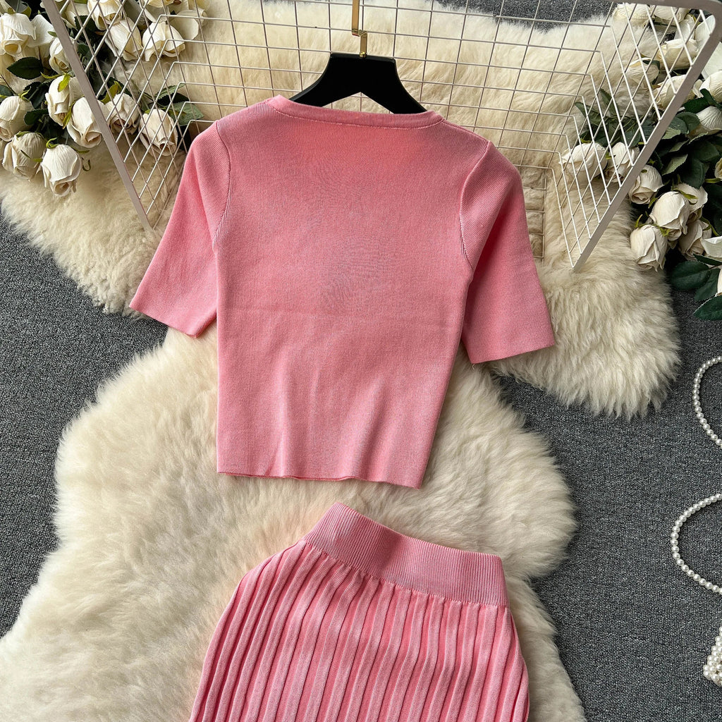 Casual Two Piece Women's Summer Set O Neck Knit Top with Elastic Waist Long Bodycon Skirt Fashion Office Lady Outfit Korean Style