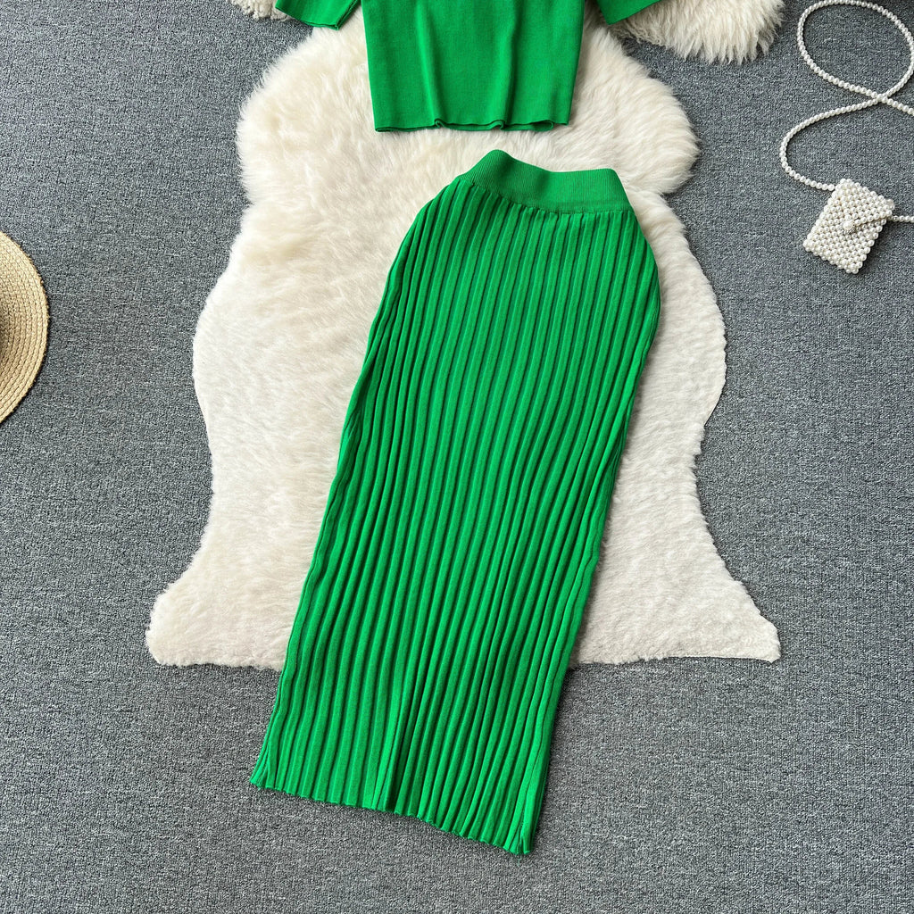 Casual Two Piece Women's Summer Set O Neck Knit Top with Elastic Waist Long Bodycon Skirt Fashion Office Lady Outfit Korean Style