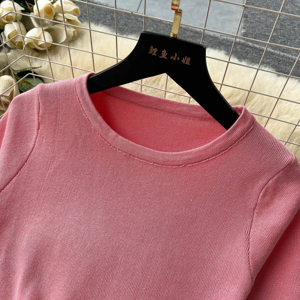 Casual Two Piece Women's Summer Set O Neck Knit Top with Elastic Waist Long Bodycon Skirt Fashion Office Lady Outfit Korean Style