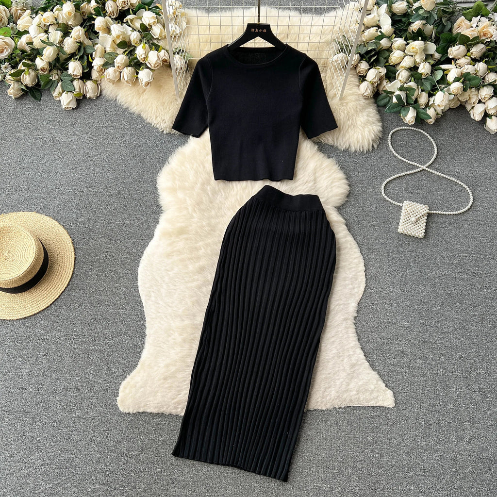 Casual Two Piece Women's Summer Set O Neck Knit Top with Elastic Waist Long Bodycon Skirt Fashion Office Lady Outfit Korean Style