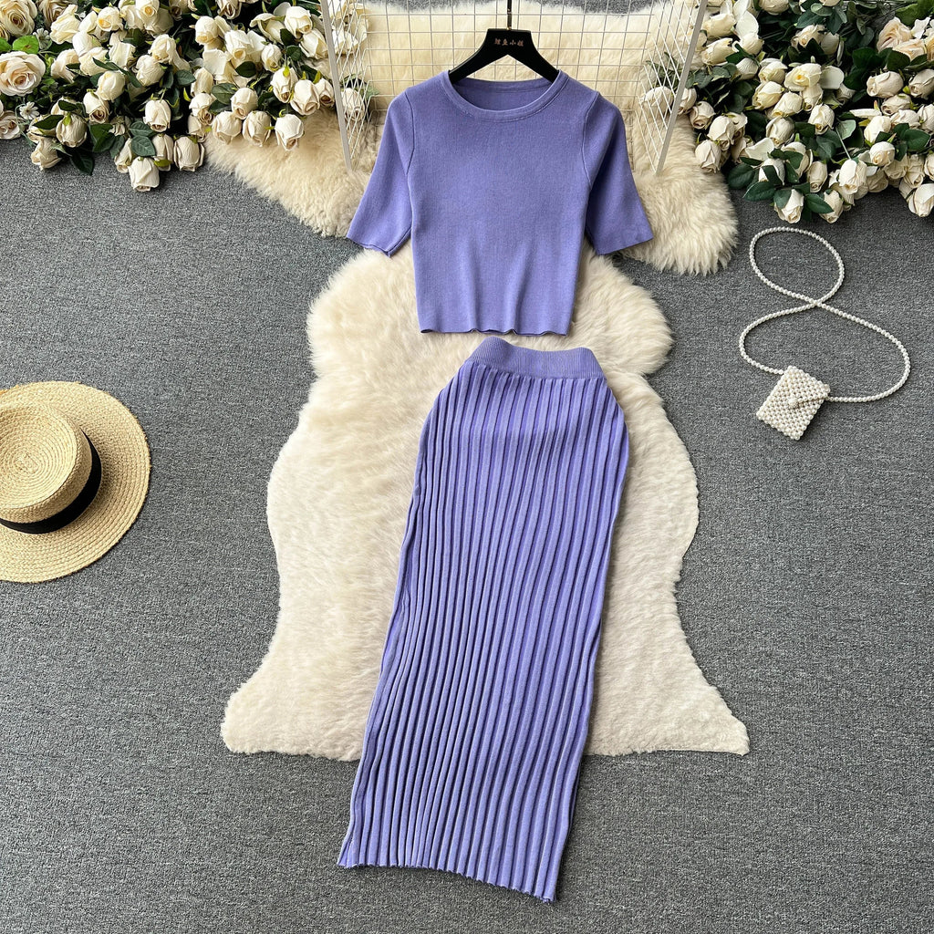 Casual Two Piece Women's Summer Set O Neck Knit Top with Elastic Waist Long Bodycon Skirt Fashion Office Lady Outfit Korean Style