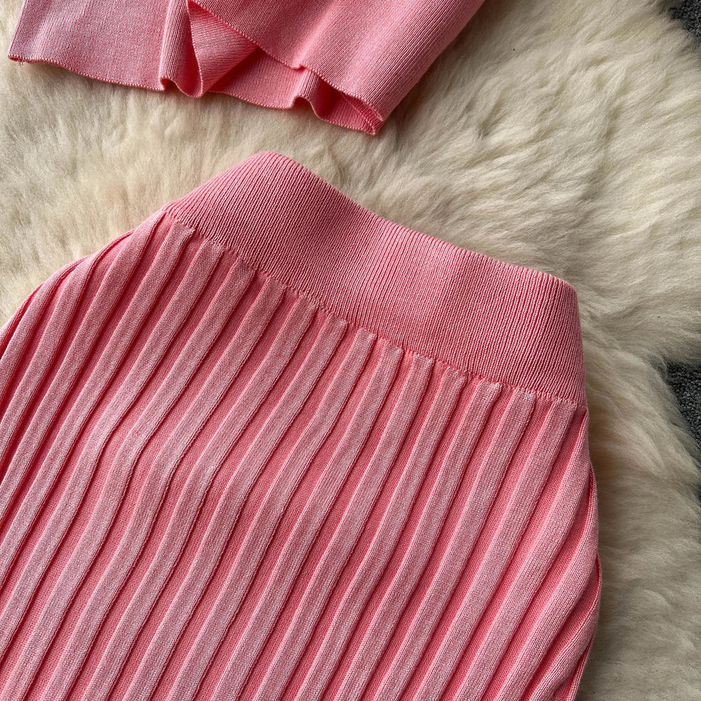 Casual Two Piece Women's Summer Set O Neck Knit Top with Elastic Waist Long Bodycon Skirt Fashion Office Lady Outfit Korean Style