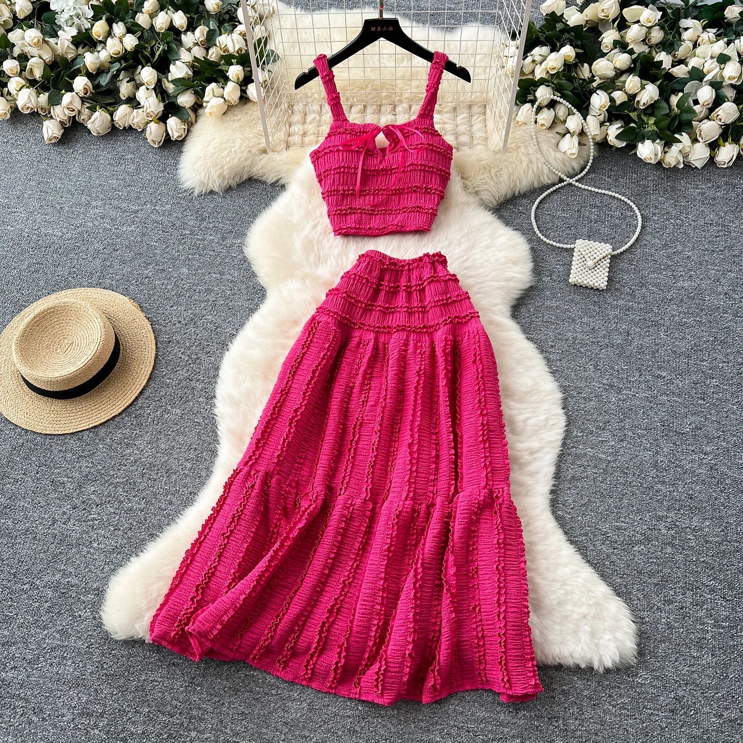 Summer Vacation 2pcs Set Women Lace Up Square Collar Crop Top and Ruched Ruffle Skirt Solid Color Gentle Casual Outfit
