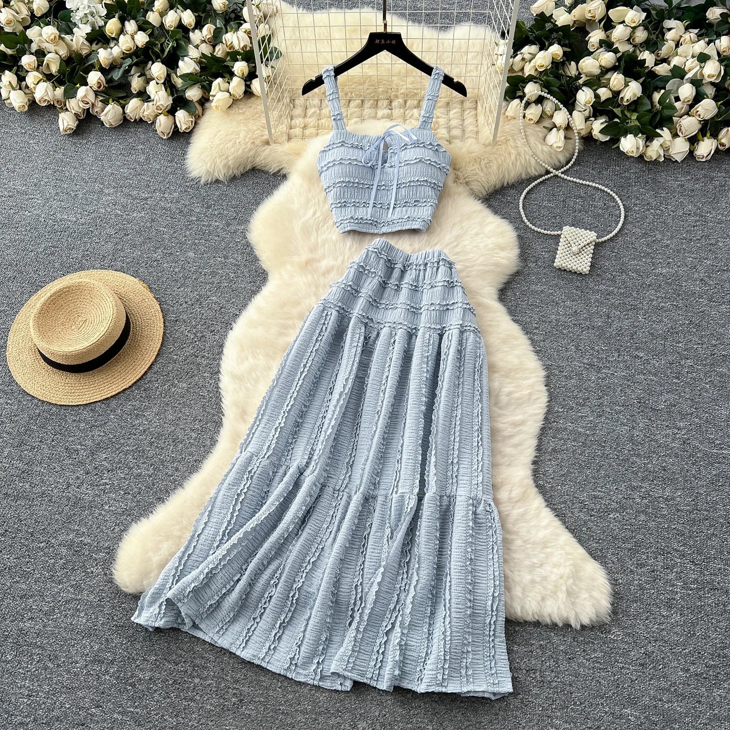 Summer Vacation 2pcs Set Women Lace Up Square Collar Crop Top and Ruched Ruffle Skirt Solid Color Gentle Casual Outfit