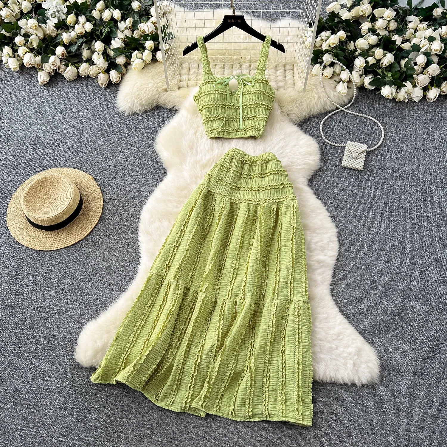 Summer Vacation 2pcs Set Women Lace Up Square Collar Crop Top and Ruched Ruffle Skirt Solid Color Gentle Casual Outfit
