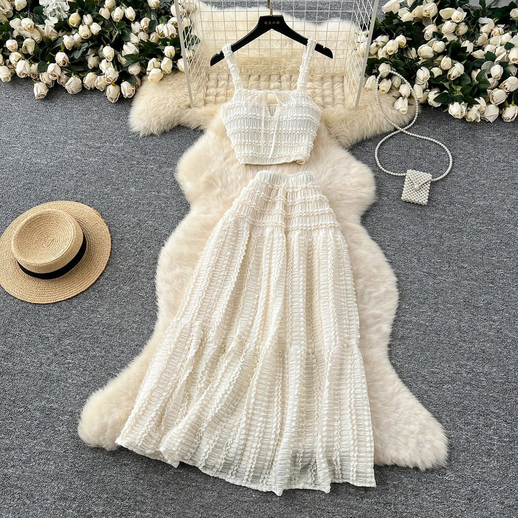 Summer Vacation 2pcs Set Women Lace Up Square Collar Crop Top and Ruched Ruffle Skirt Solid Color Gentle Casual Outfit