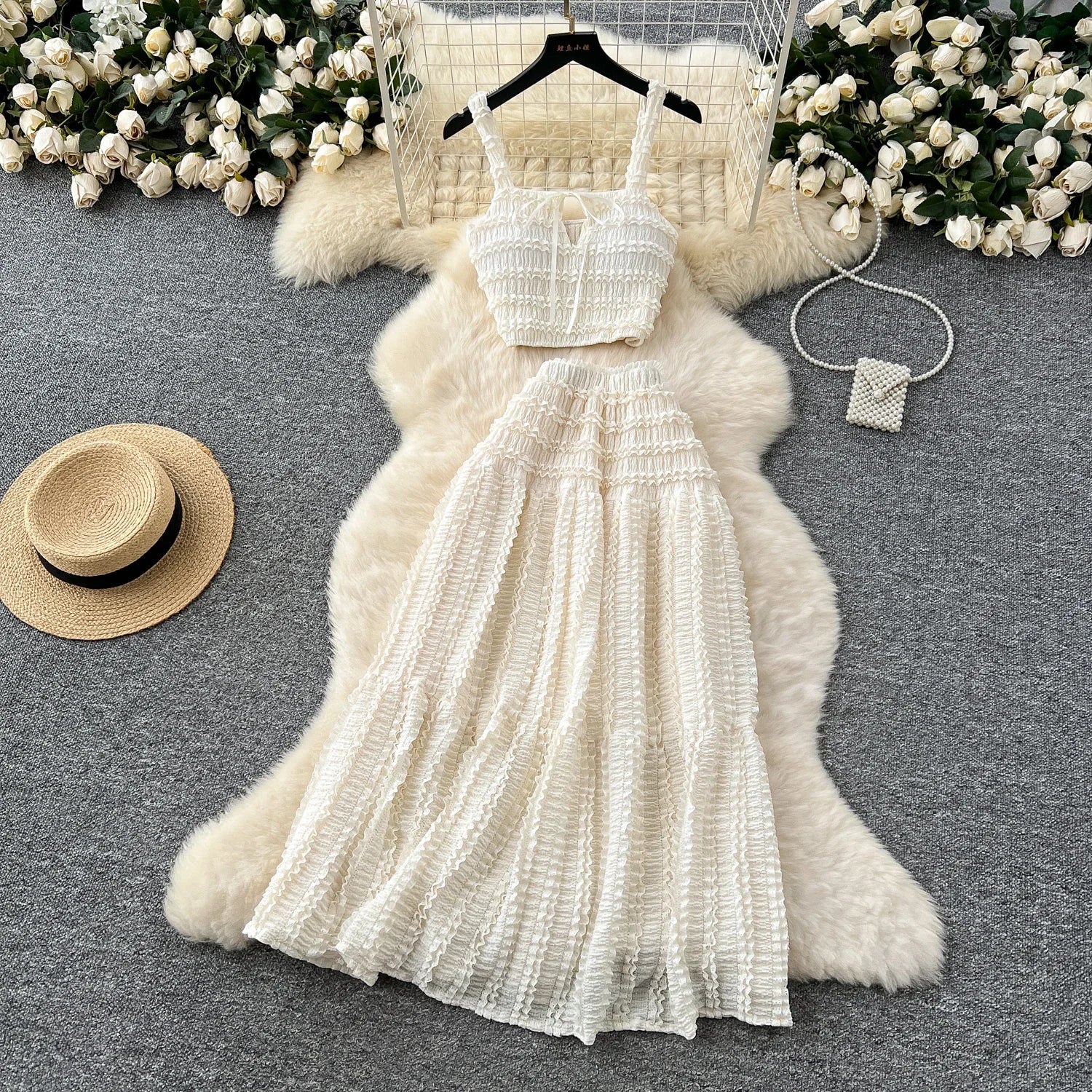 Summer Vacation 2pcs Set Women Lace Up Square Collar Crop Top and Ruched Ruffle Skirt Solid Color Gentle Casual Outfit