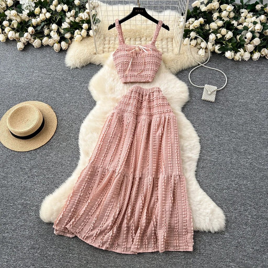 Summer Vacation 2pcs Set Women Lace Up Square Collar Crop Top and Ruched Ruffle Skirt Solid Color Gentle Casual Outfit