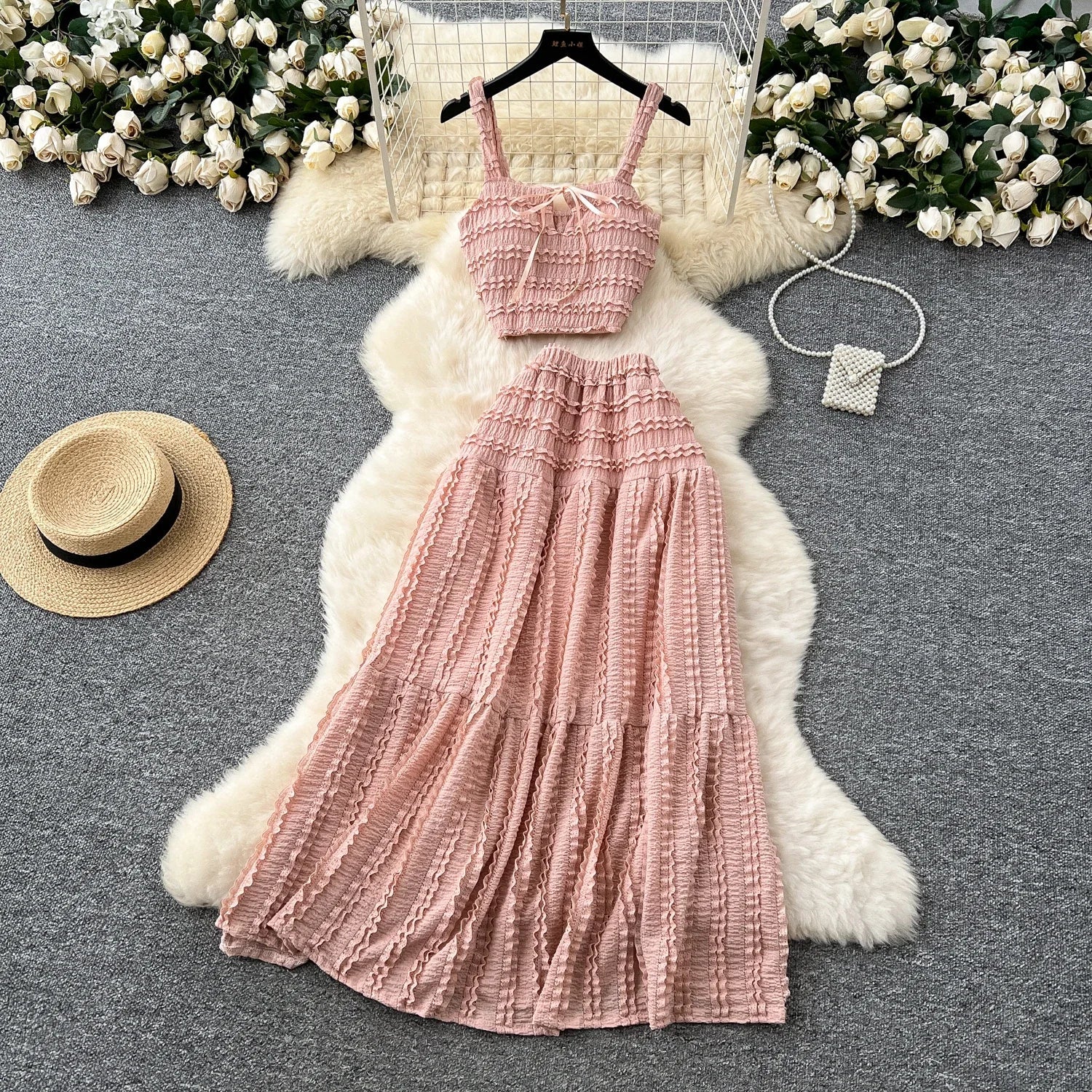 Summer Vacation 2pcs Set Women Lace Up Square Collar Crop Top and Ruched Ruffle Skirt Solid Color Gentle Casual Outfit