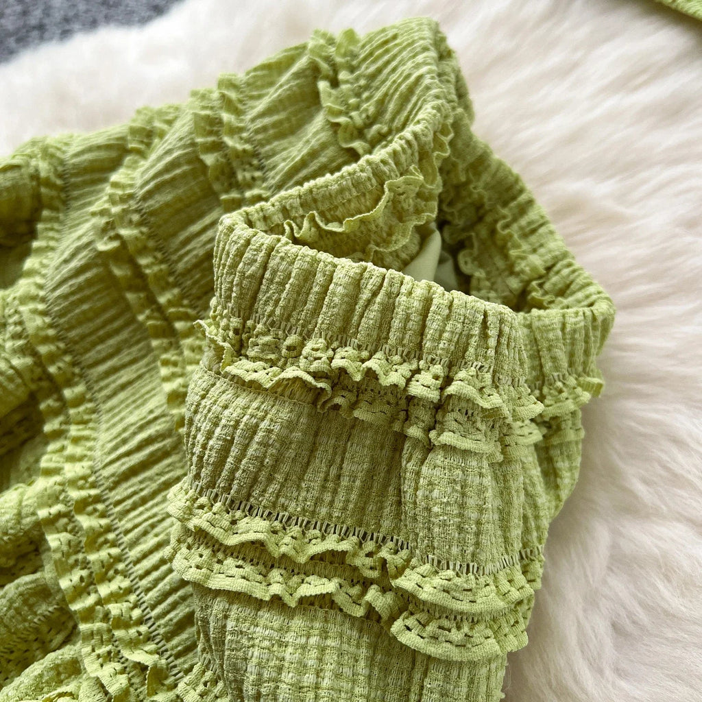 Summer Vacation 2pcs Set Women Lace Up Square Collar Crop Top and Ruched Ruffle Skirt Solid Color Gentle Casual Outfit