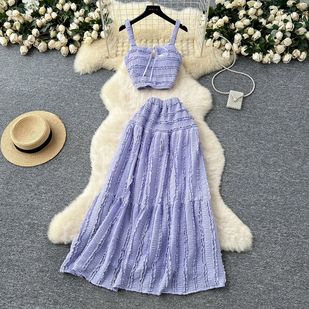 Summer Vacation 2pcs Set Women Lace Up Square Collar Crop Top and Ruched Ruffle Skirt Solid Color Gentle Casual Outfit