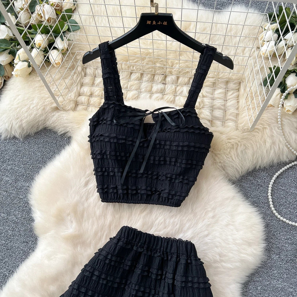Summer Vacation 2pcs Set Women Lace Up Square Collar Crop Top and Ruched Ruffle Skirt Solid Color Gentle Casual Outfit