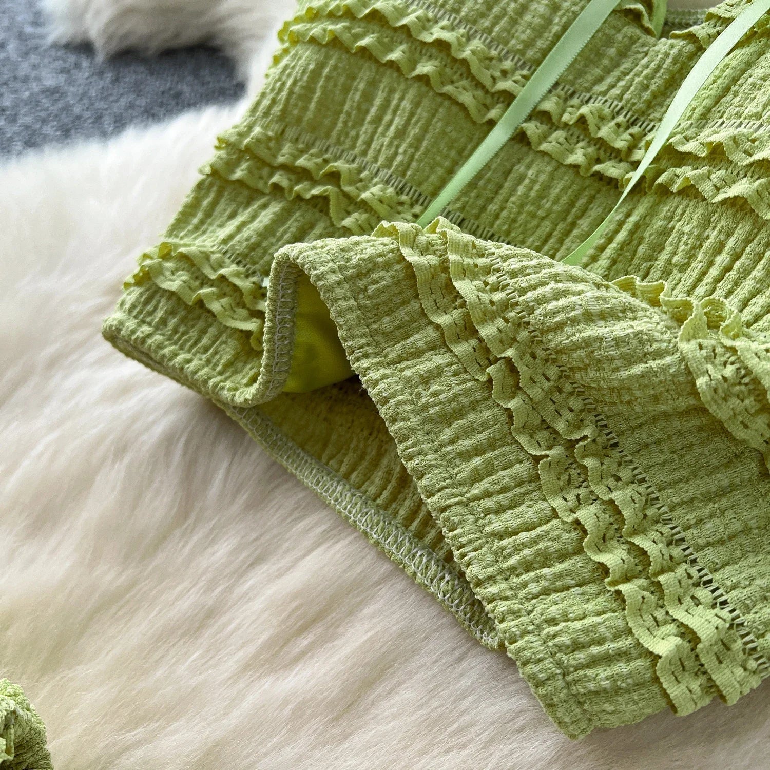 Summer Vacation 2pcs Set Women Lace Up Square Collar Crop Top and Ruched Ruffle Skirt Solid Color Gentle Casual Outfit