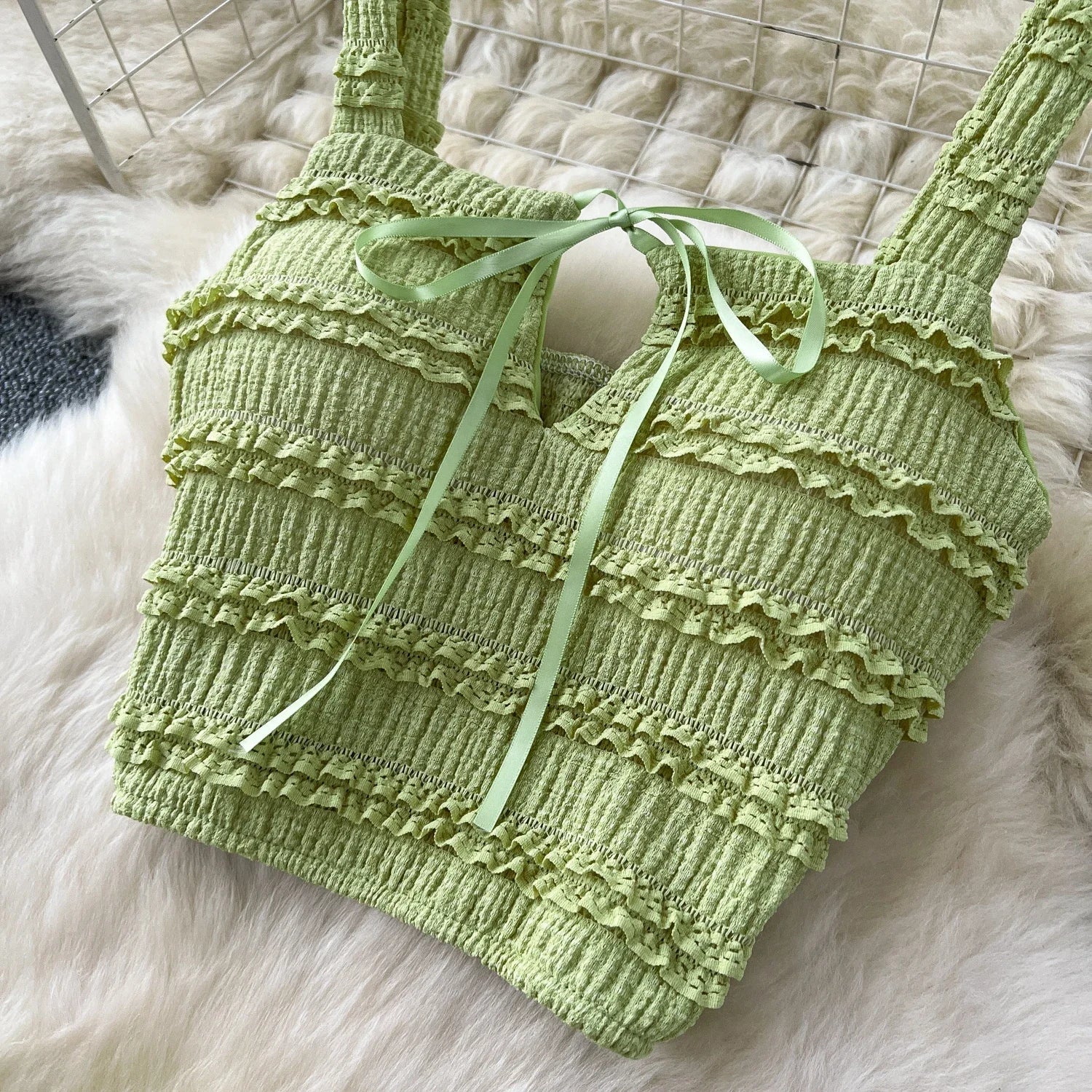 Summer Vacation 2pcs Set Women Lace Up Square Collar Crop Top and Ruched Ruffle Skirt Solid Color Gentle Casual Outfit