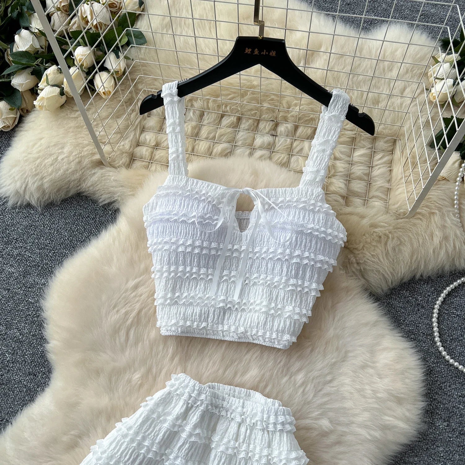 Summer Vacation 2pcs Set Women Lace Up Square Collar Crop Top and Ruched Ruffle Skirt Solid Color Gentle Casual Outfit