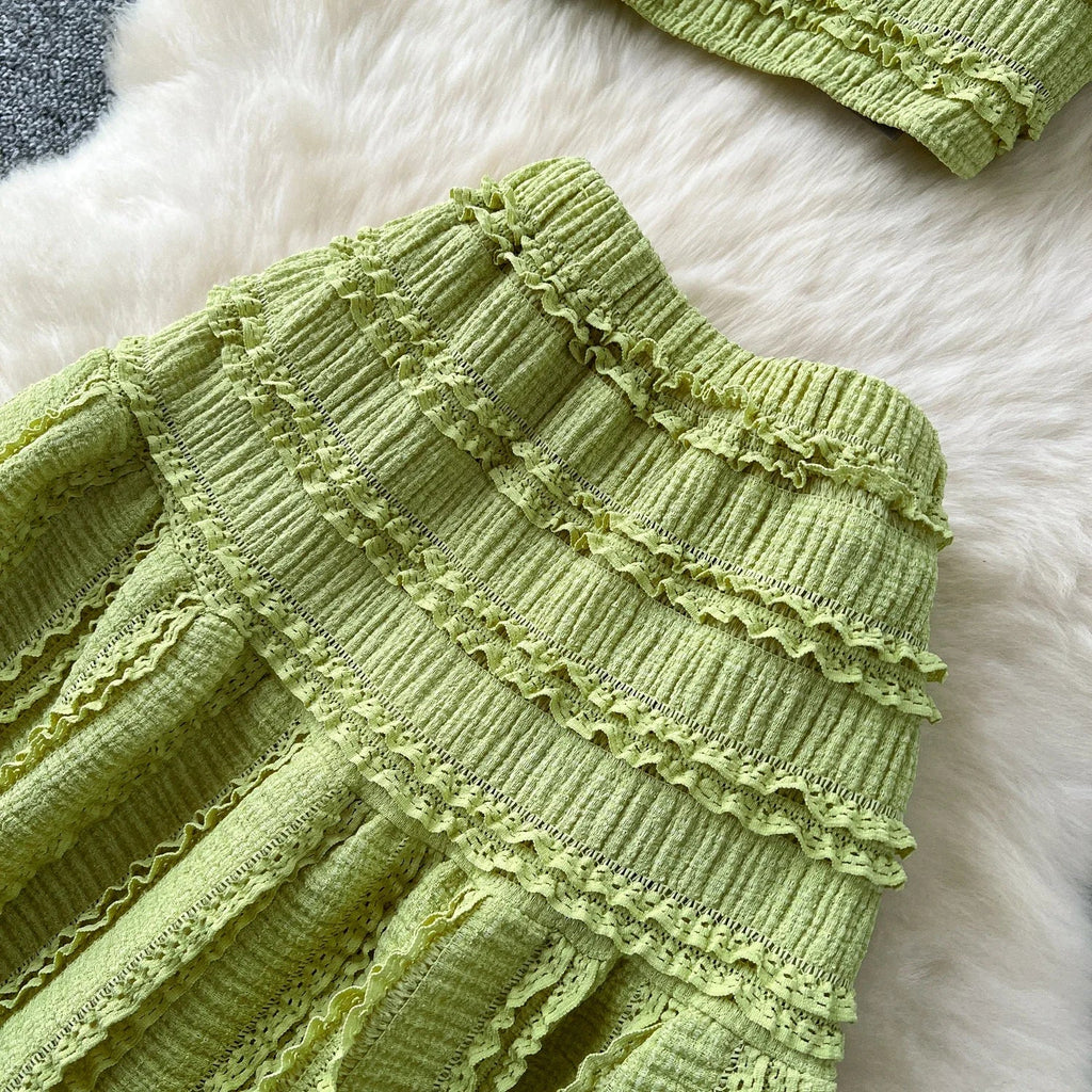 Summer Vacation 2pcs Set Women Lace Up Square Collar Crop Top and Ruched Ruffle Skirt Solid Color Gentle Casual Outfit