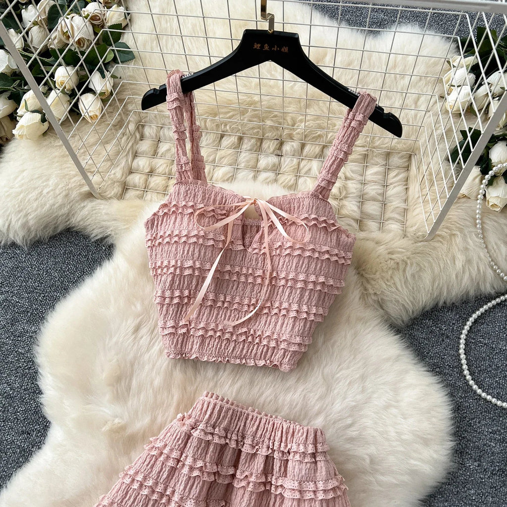 Summer Vacation 2pcs Set Women Lace Up Square Collar Crop Top and Ruched Ruffle Skirt Solid Color Gentle Casual Outfit