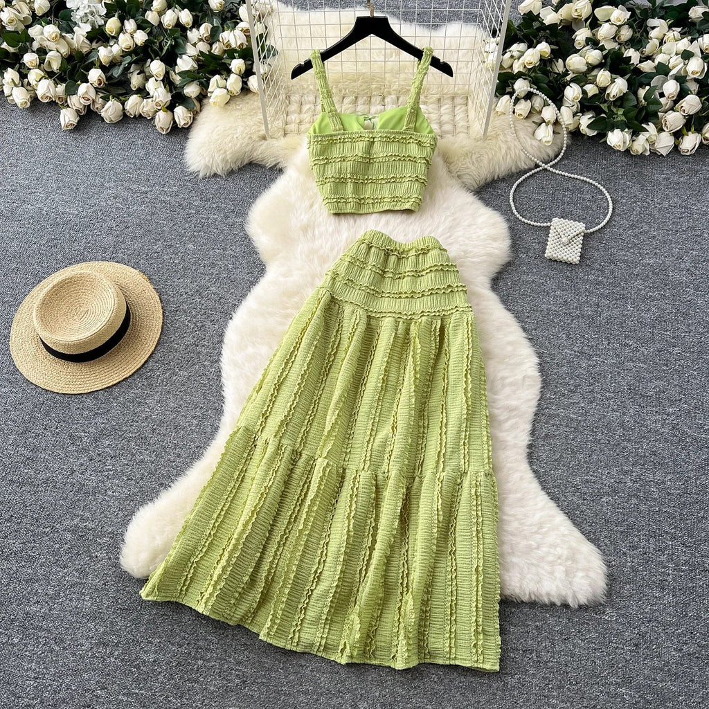 Summer Vacation 2pcs Set Women Lace Up Square Collar Crop Top and Ruched Ruffle Skirt Solid Color Gentle Casual Outfit