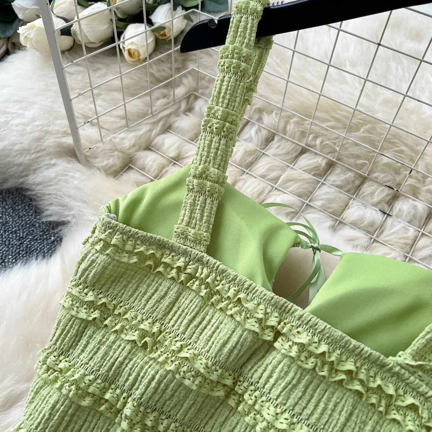 Summer Vacation 2pcs Set Women Lace Up Square Collar Crop Top and Ruched Ruffle Skirt Solid Color Gentle Casual Outfit