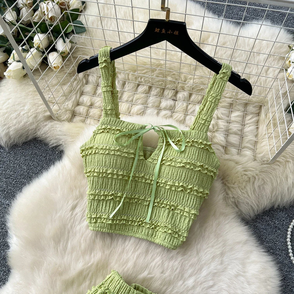 Summer Vacation 2pcs Set Women Lace Up Square Collar Crop Top and Ruched Ruffle Skirt Solid Color Gentle Casual Outfit