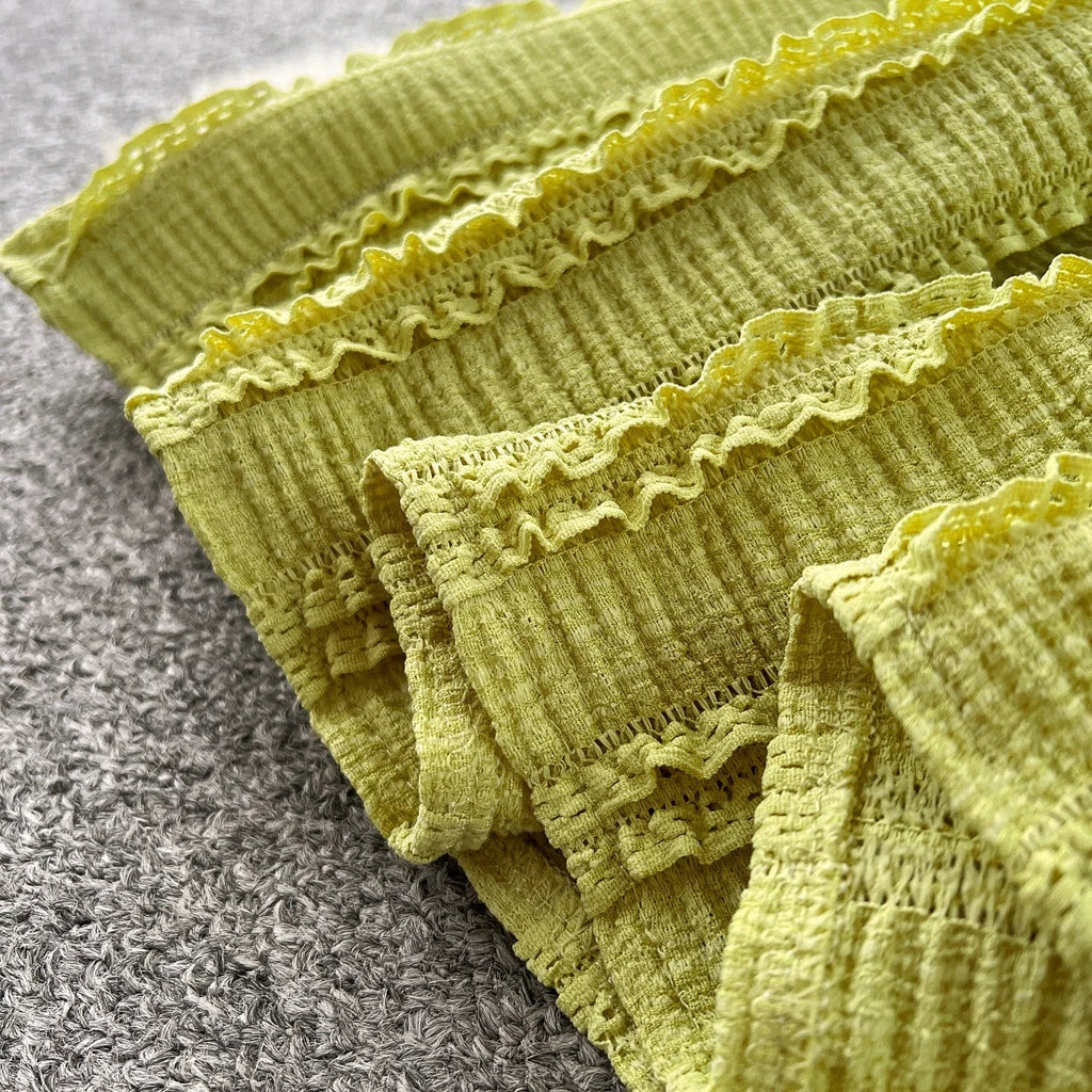 Summer Vacation 2pcs Set Women Lace Up Square Collar Crop Top and Ruched Ruffle Skirt Solid Color Gentle Casual Outfit